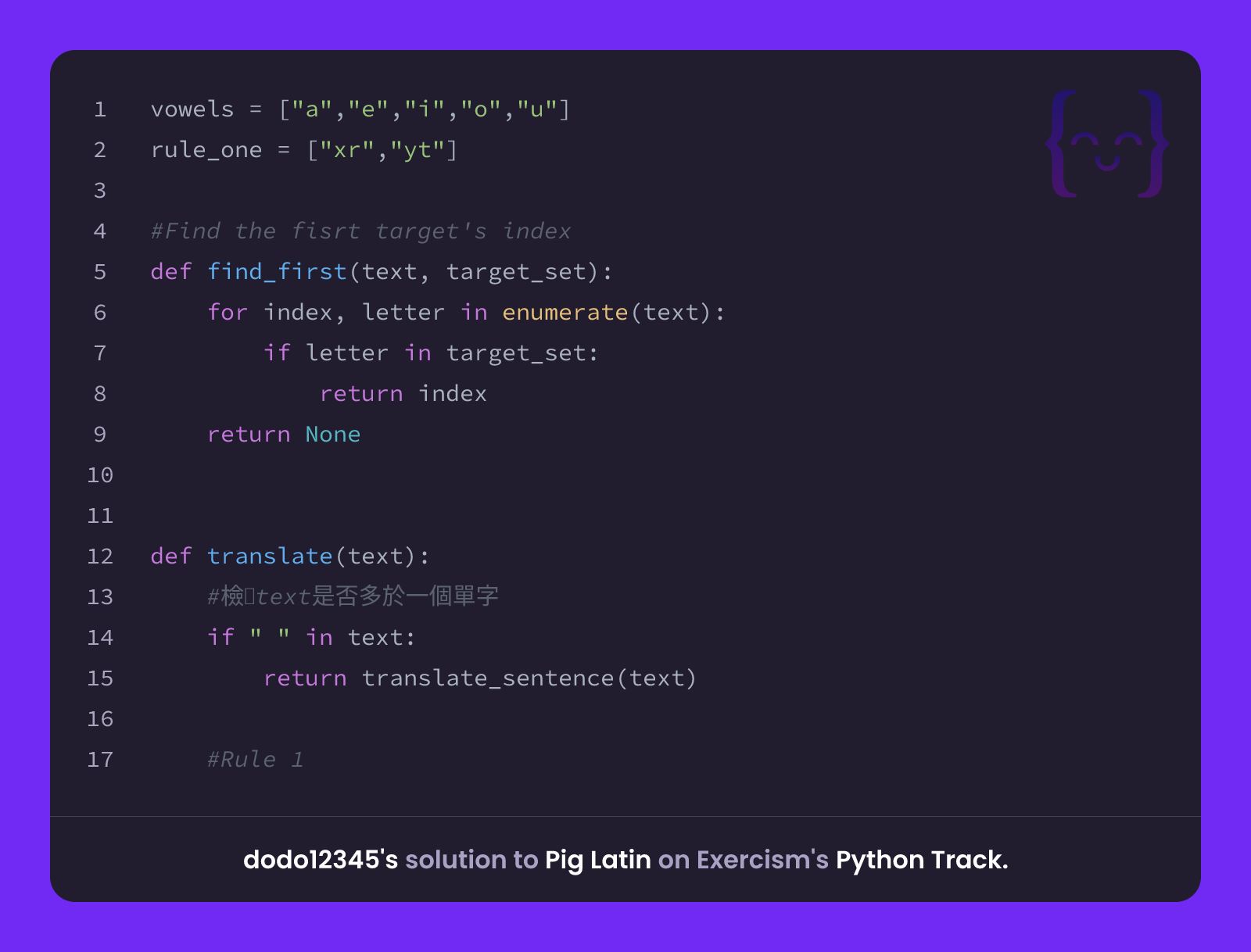 dodo12345's solution for Pig Latin in Python on Exercism