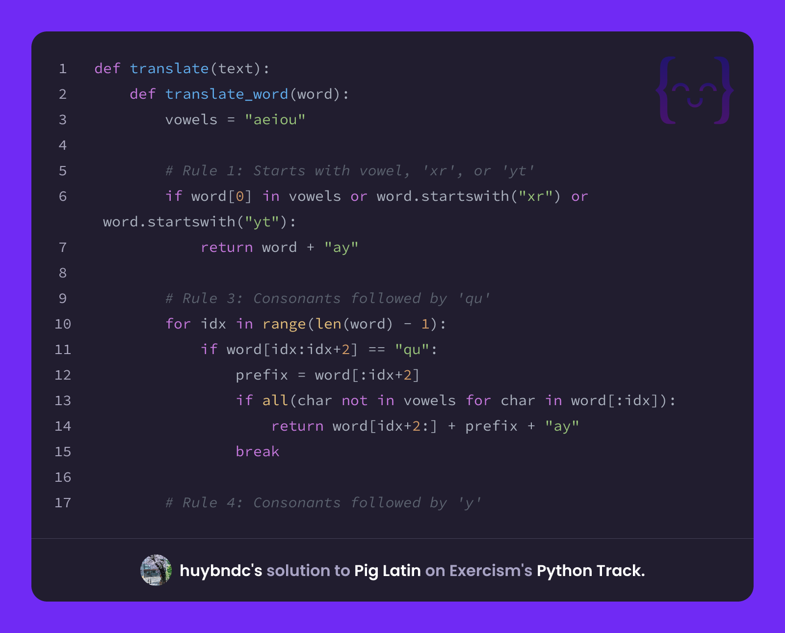 huybndc's solution for Pig Latin in Python on Exercism