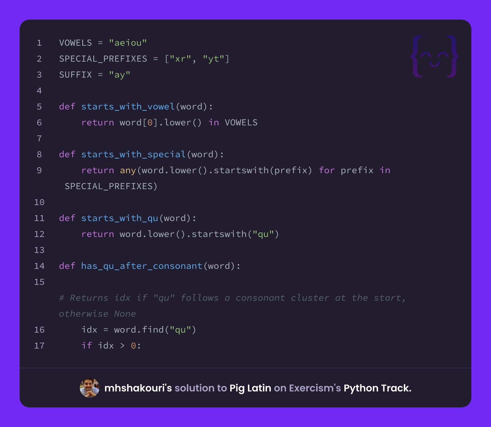 mhshakouri's solution for Pig Latin in Python on Exercism