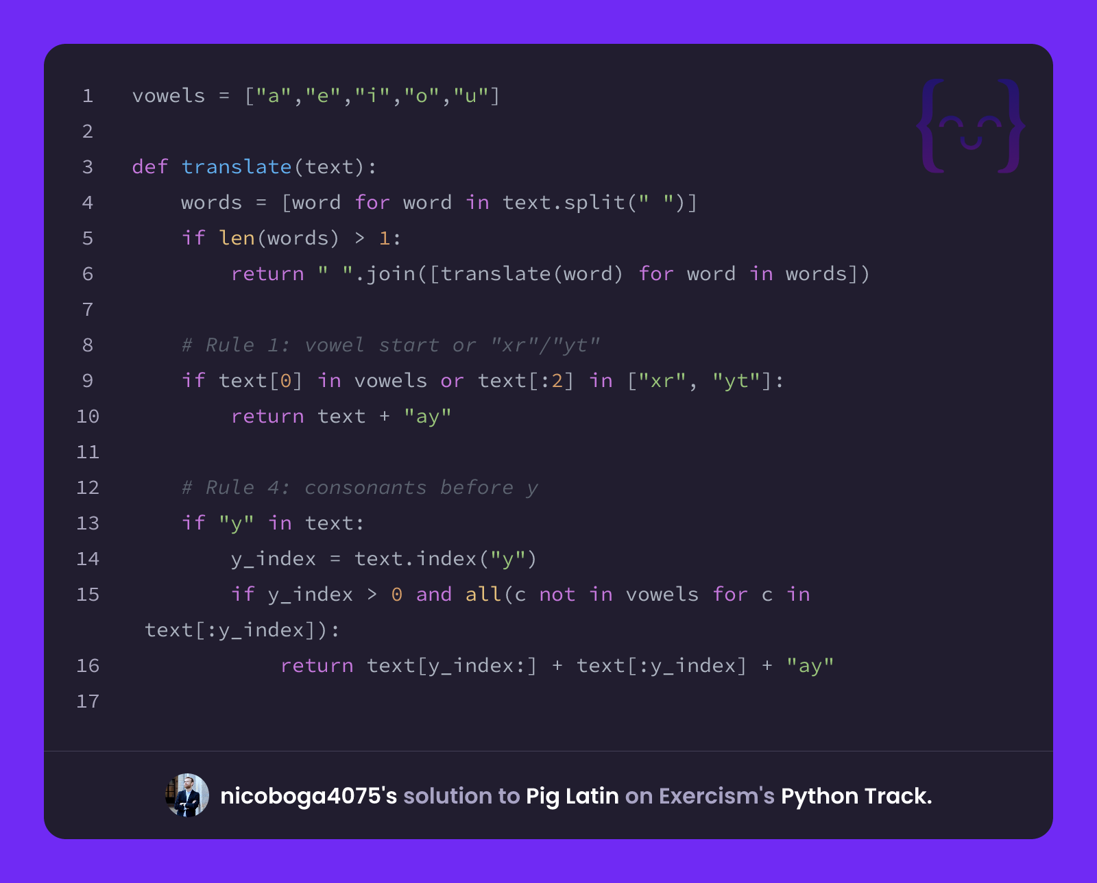 nicoboga4075's solution for Pig Latin in Python on Exercism