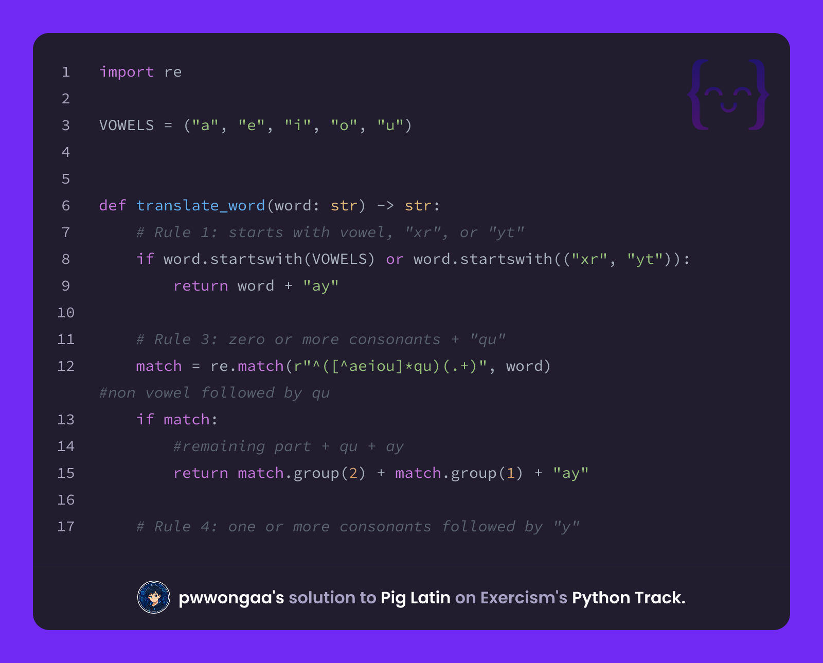 pwwongaa's solution for Pig Latin in Python on Exercism