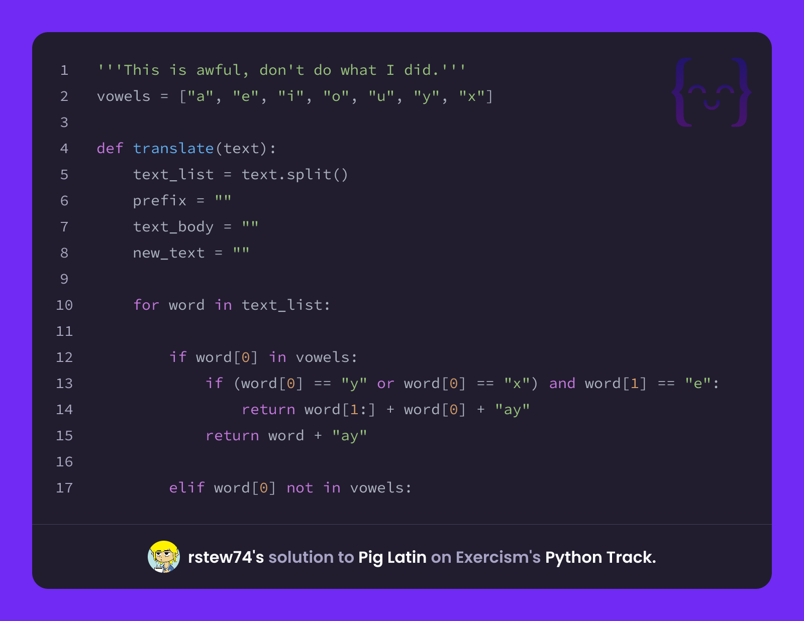 rstew74's solution for Pig Latin in Python on Exercism