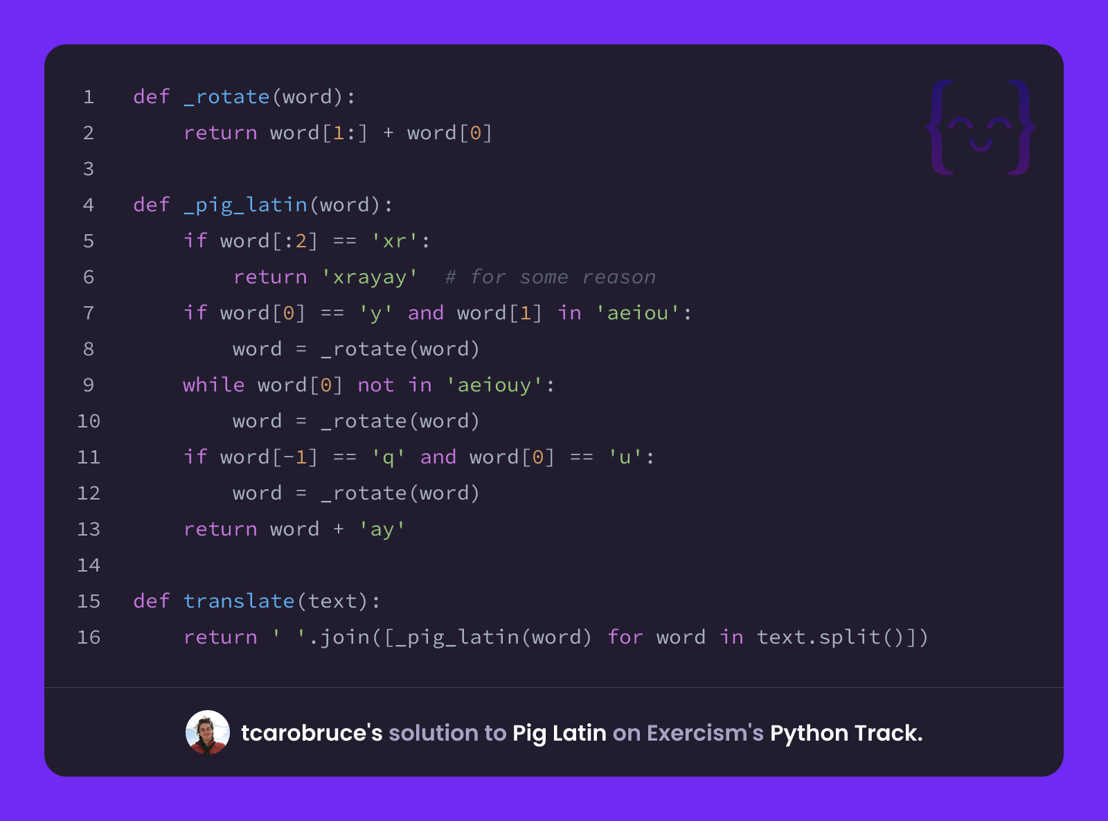 tcarobruce's solution for Pig Latin in Python on Exercism