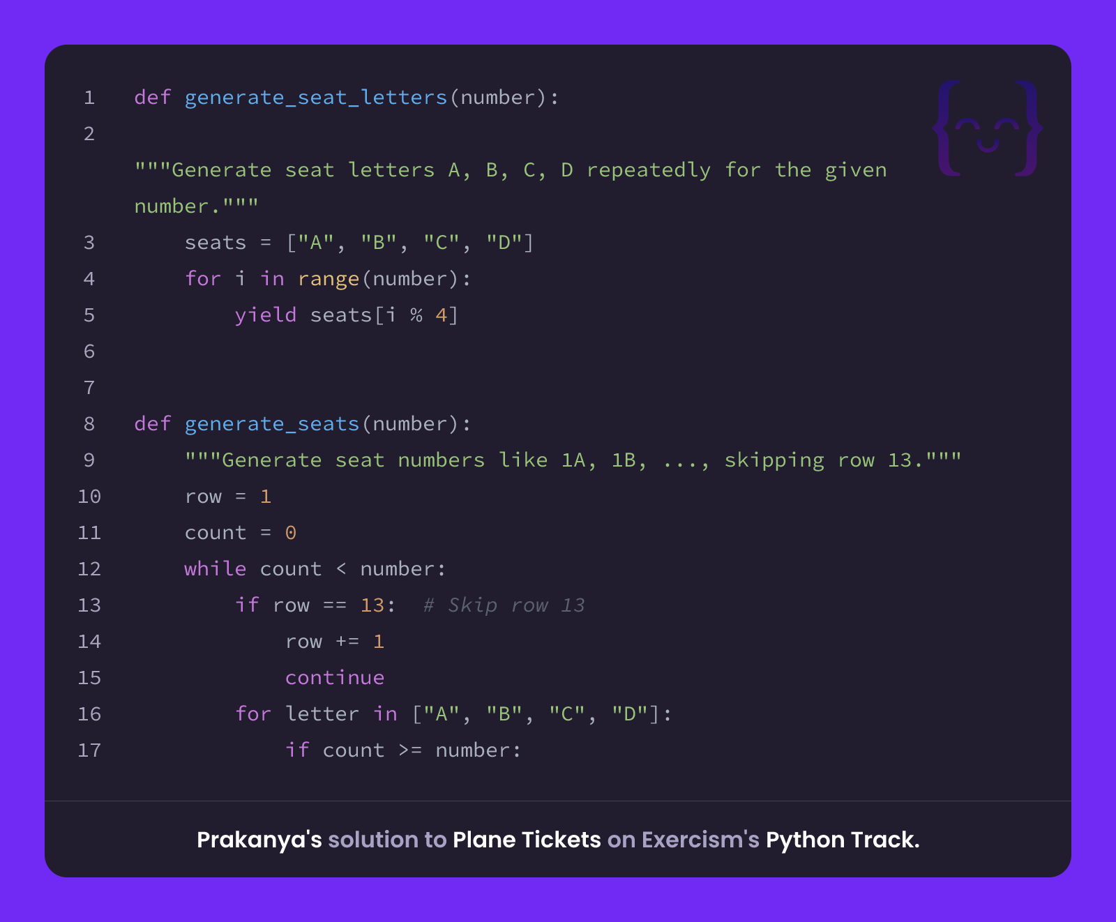 Prakanya's solution for Plane Tickets in Python on Exercism