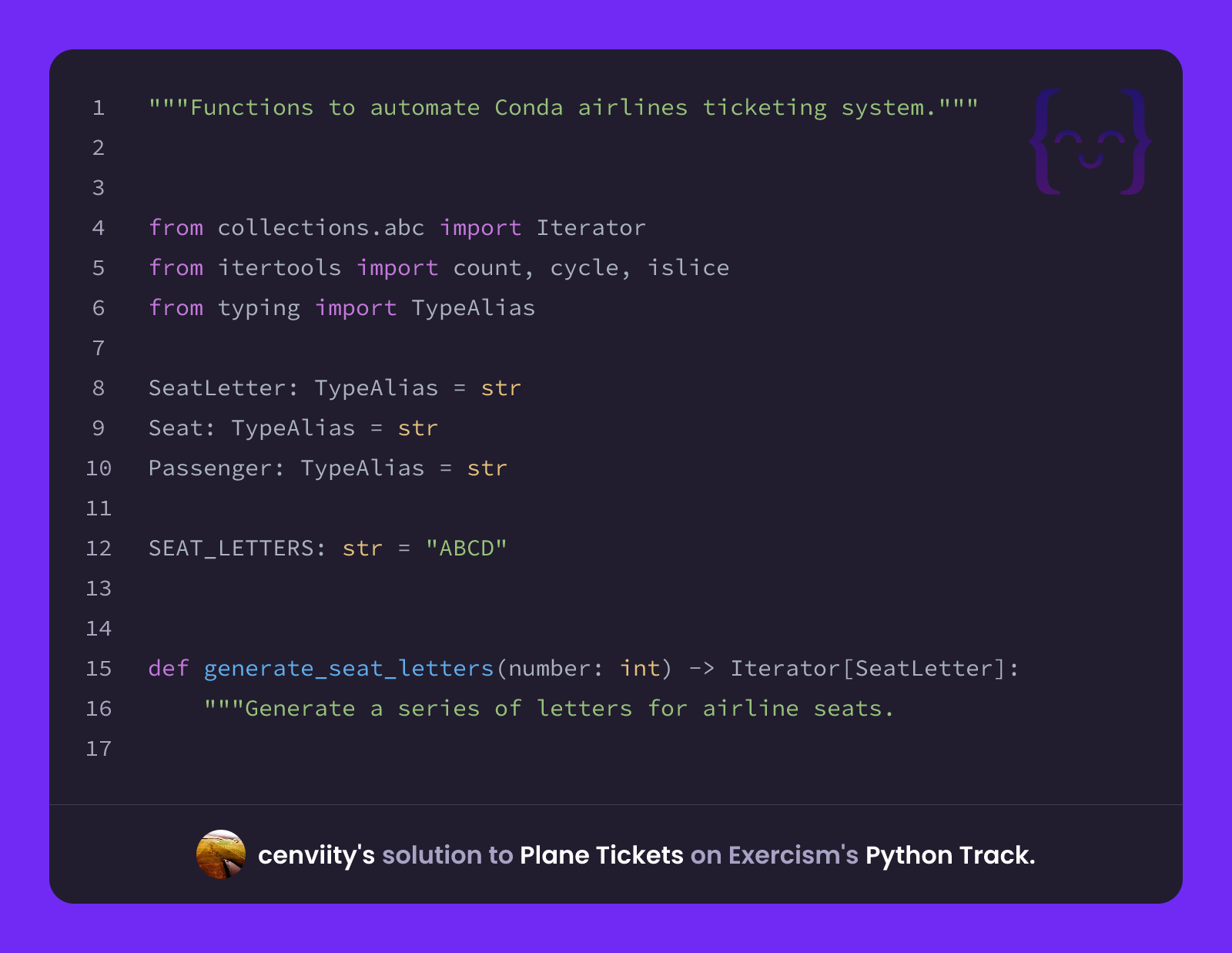cenviity's solution for Plane Tickets in Python on Exercism