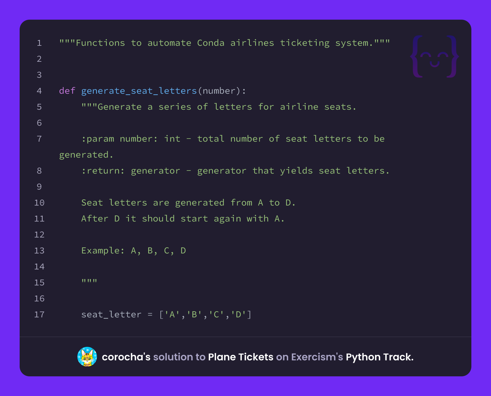 corocha's solution for Plane Tickets in Python on Exercism
