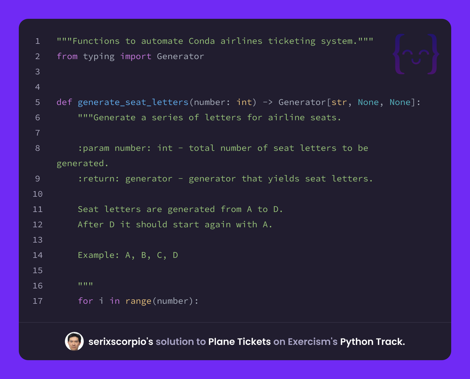 serixscorpio's solution for Plane Tickets in Python on Exercism