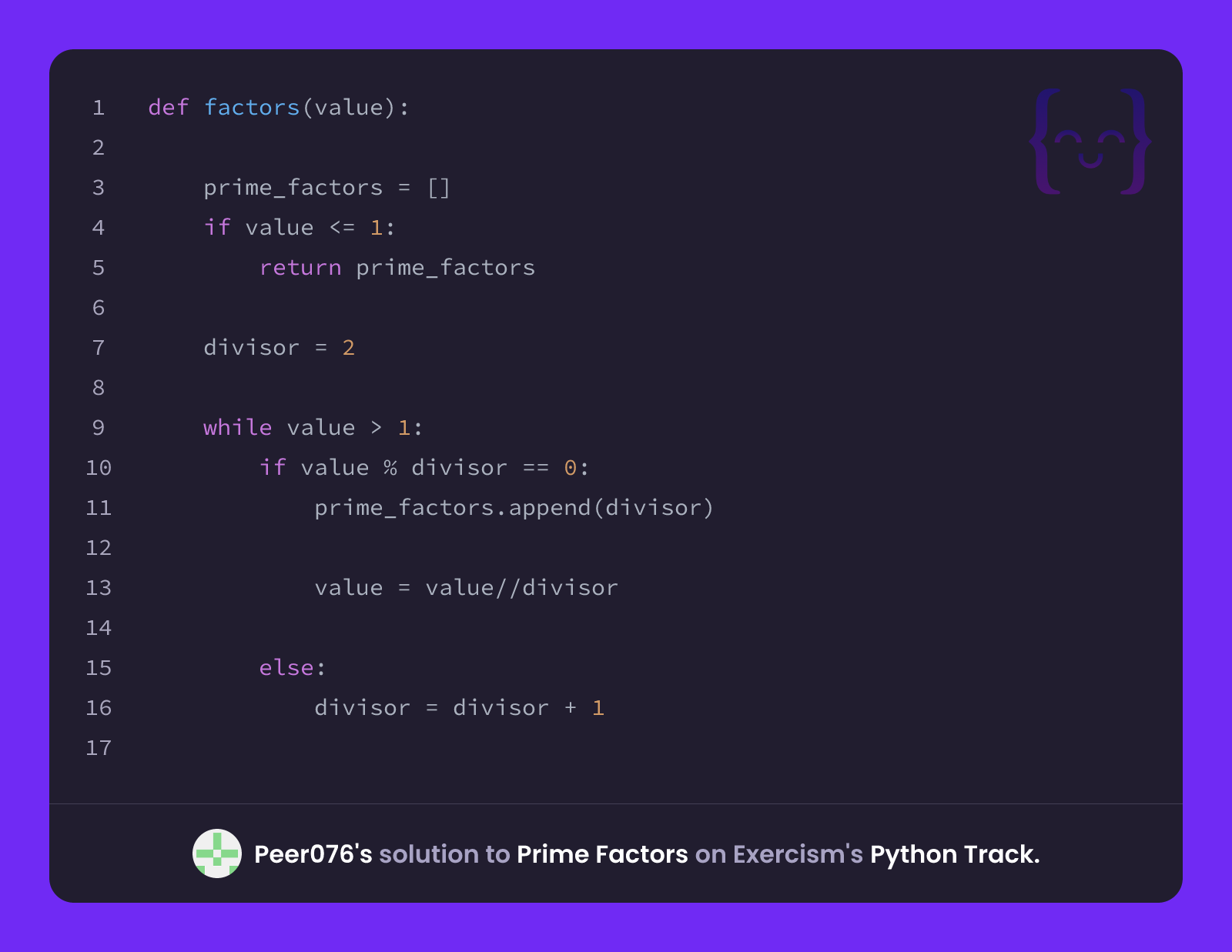Peer076's solution for Prime Factors in Python on Exercism