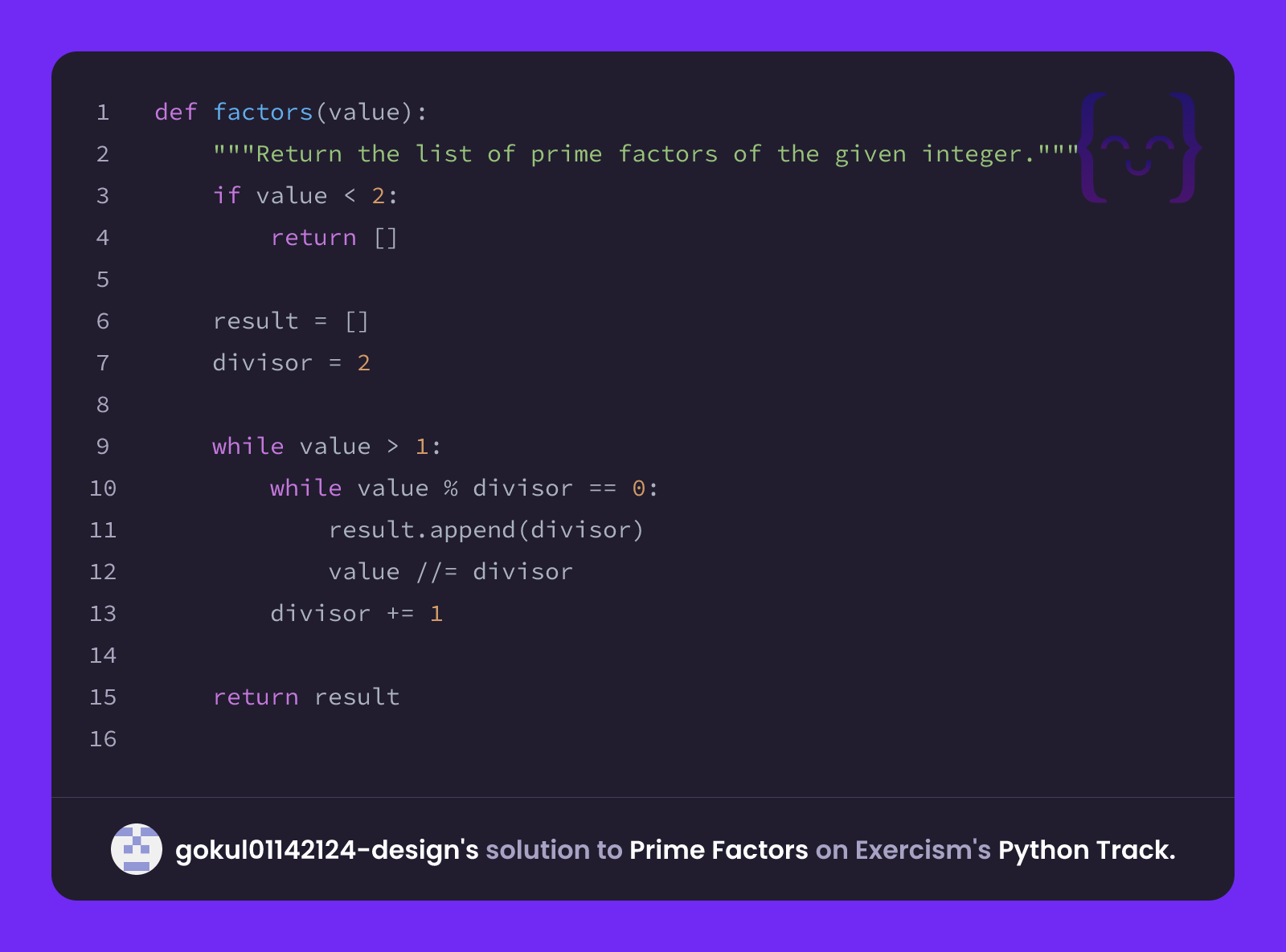 gokul01142124-design's solution for Prime Factors in Python on Exercism