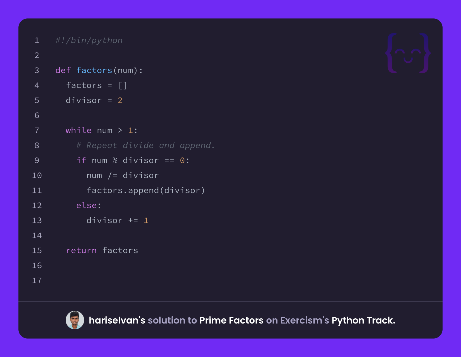 hariselvan's solution for Prime Factors in Python on Exercism