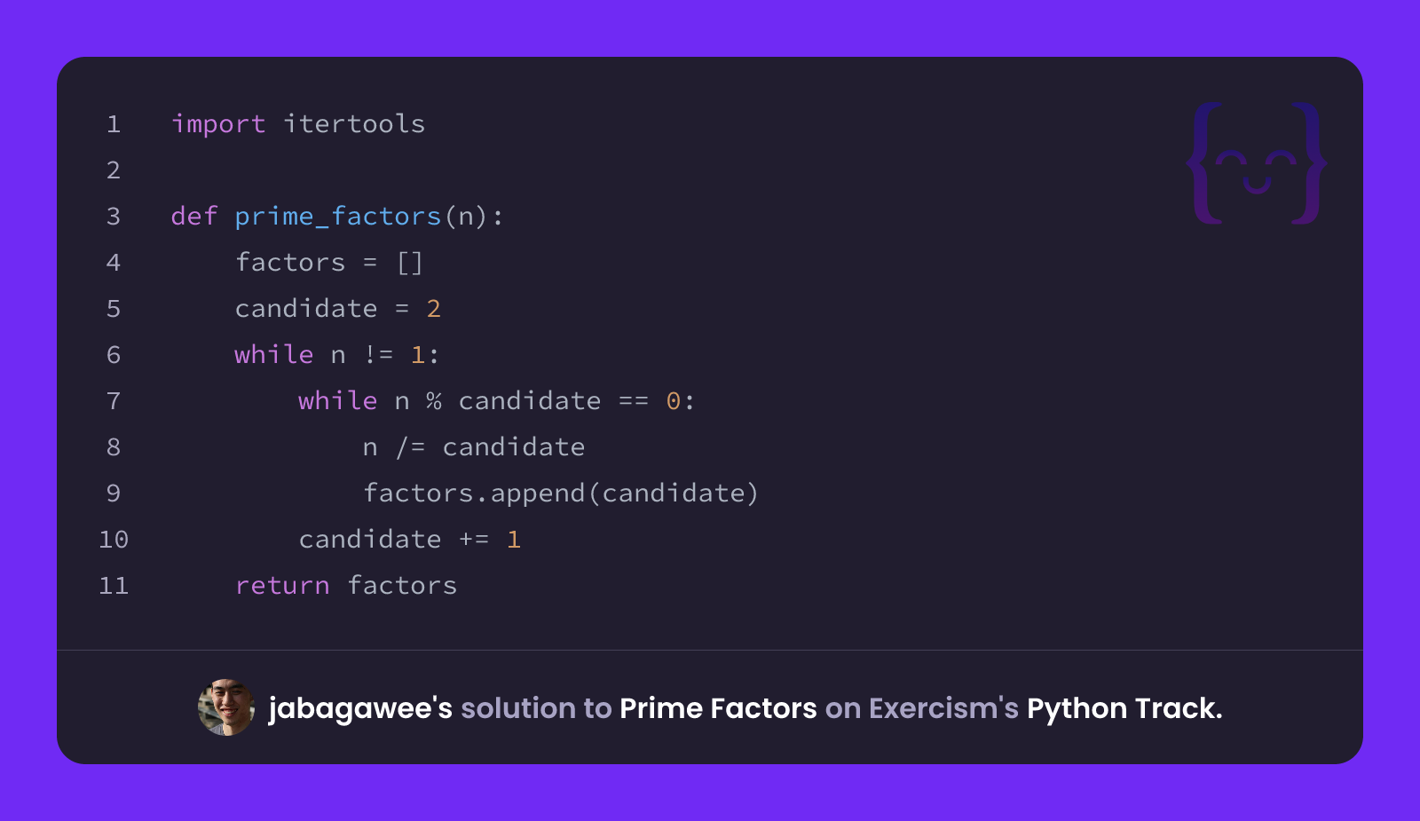 jabagawee's solution for Prime Factors in Python on Exercism
