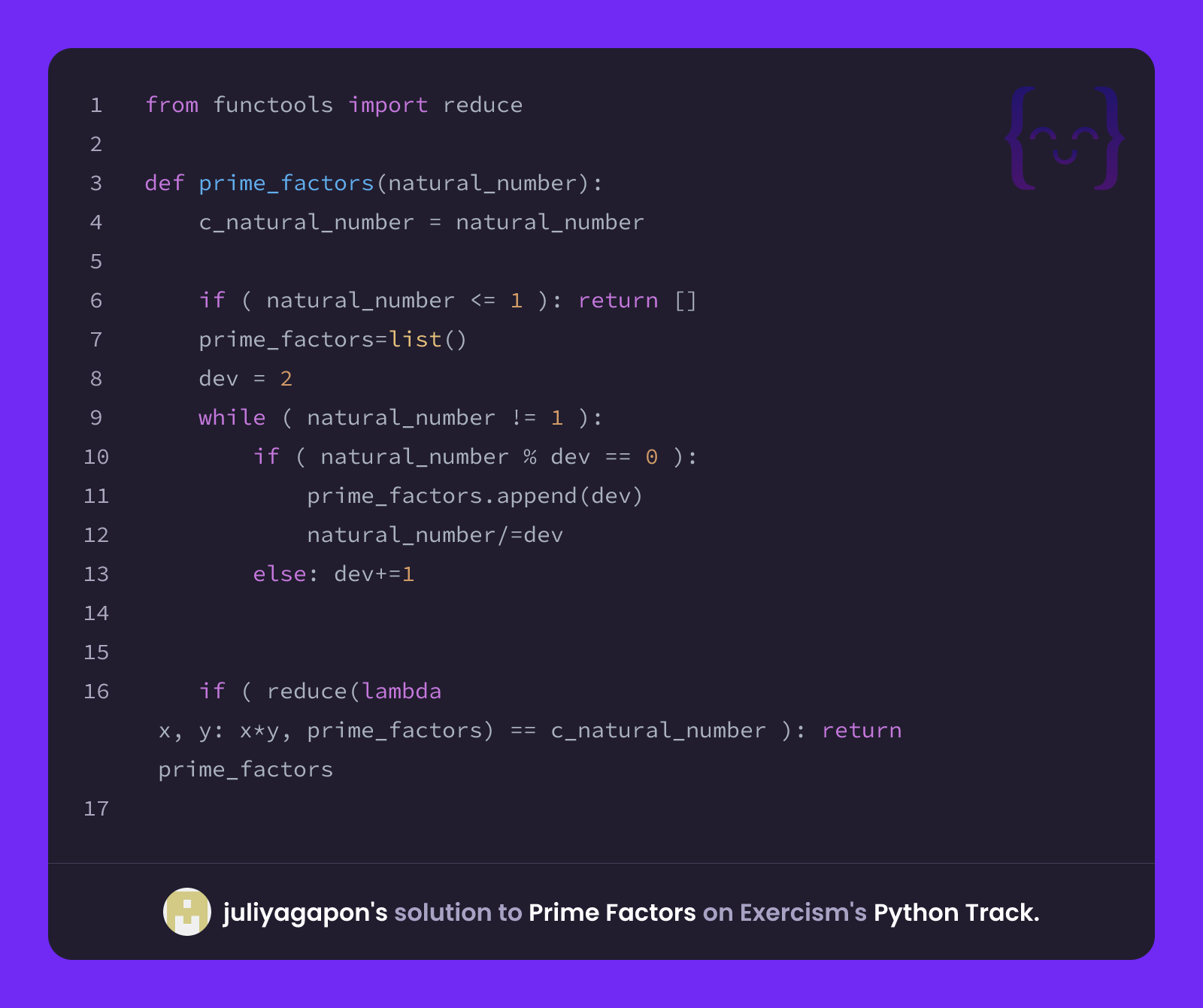 juliyagapon's solution for Prime Factors in Python on Exercism