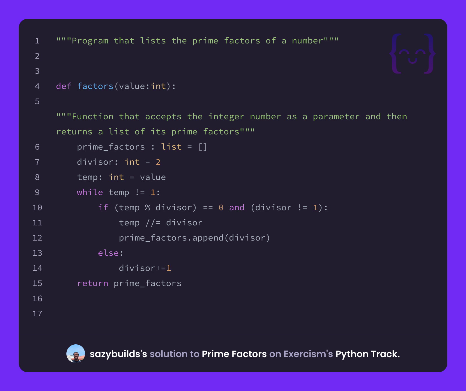 sazybuilds's solution for Prime Factors in Python on Exercism