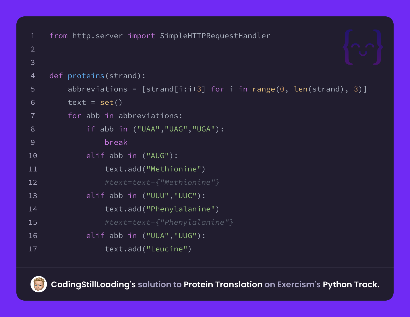 CodingStillLoading's solution for Protein Translation in Python on Exercism