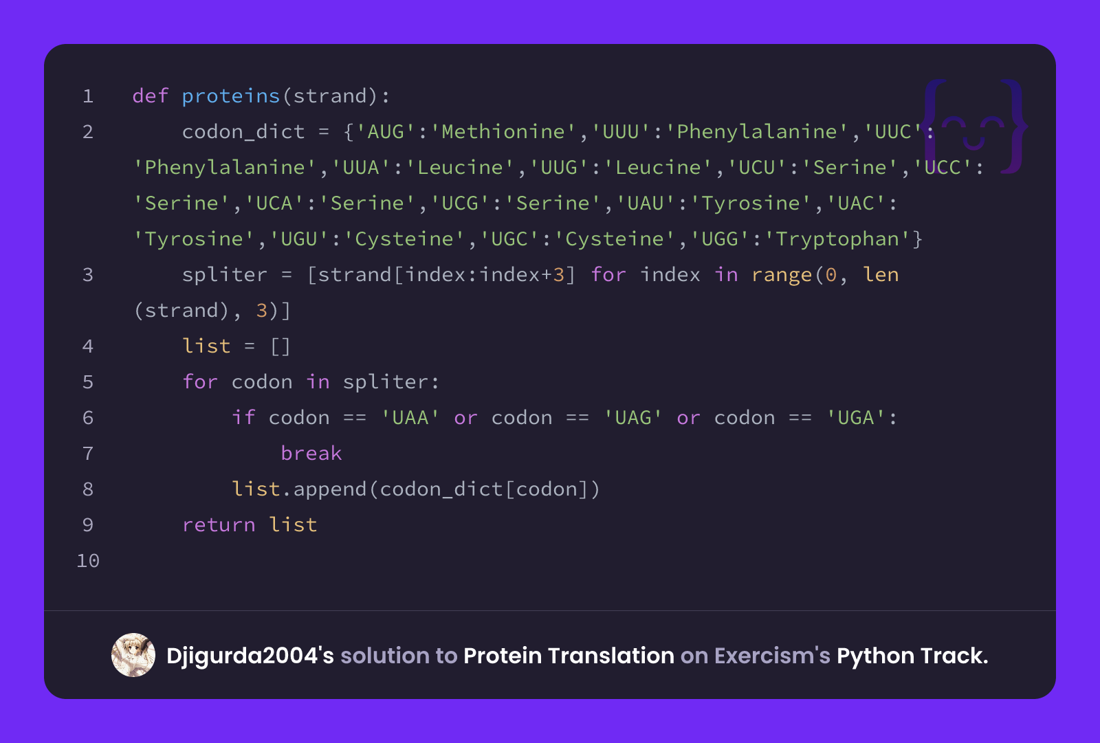 Djigurda2004's solution for Protein Translation in Python on Exercism