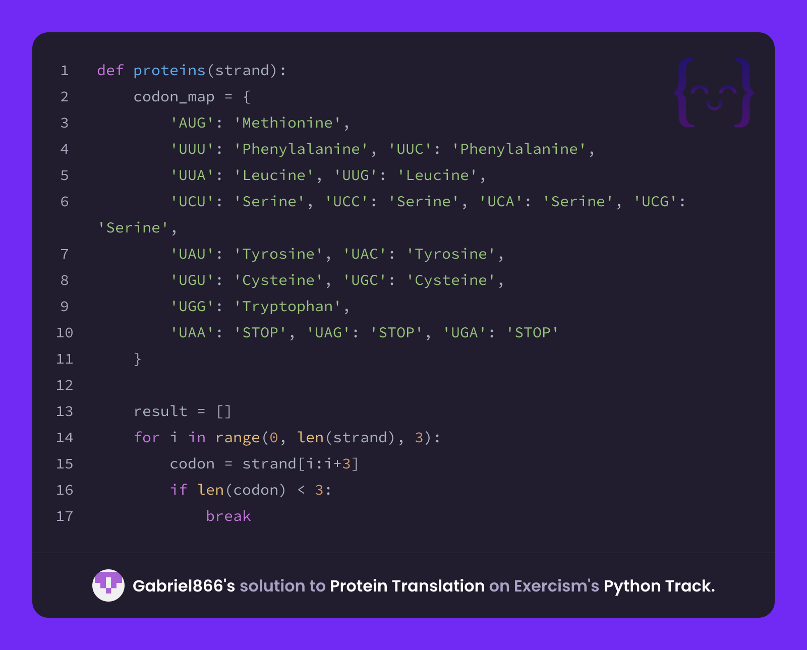 Gabriel866's solution for Protein Translation in Python on Exercism