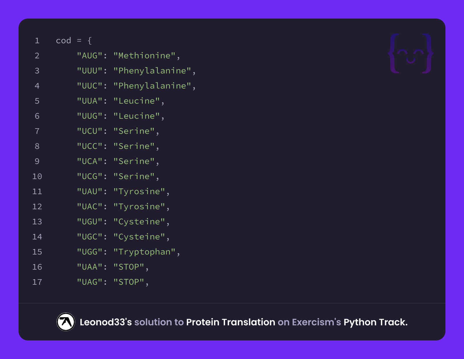 Leonod33's solution for Protein Translation in Python on Exercism