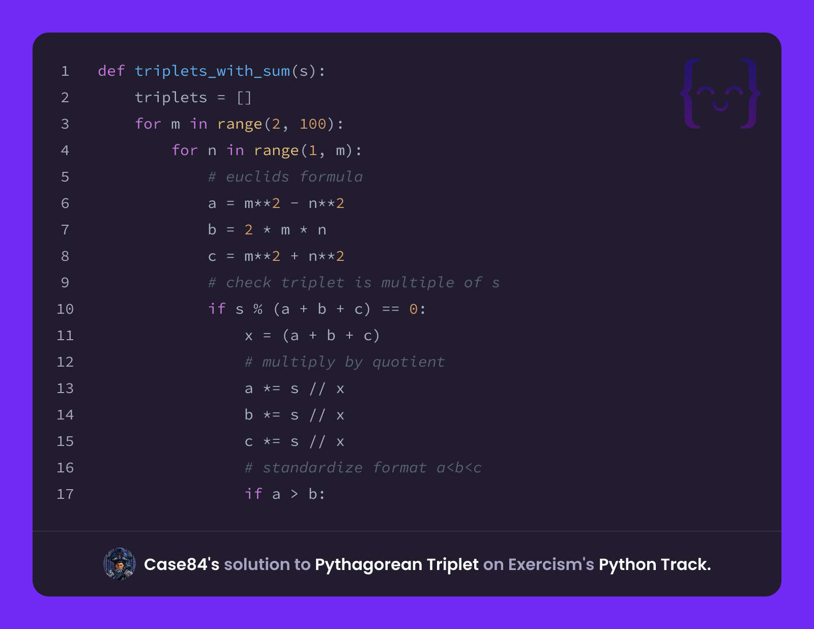 Case84's solution for Pythagorean Triplet in Python on Exercism