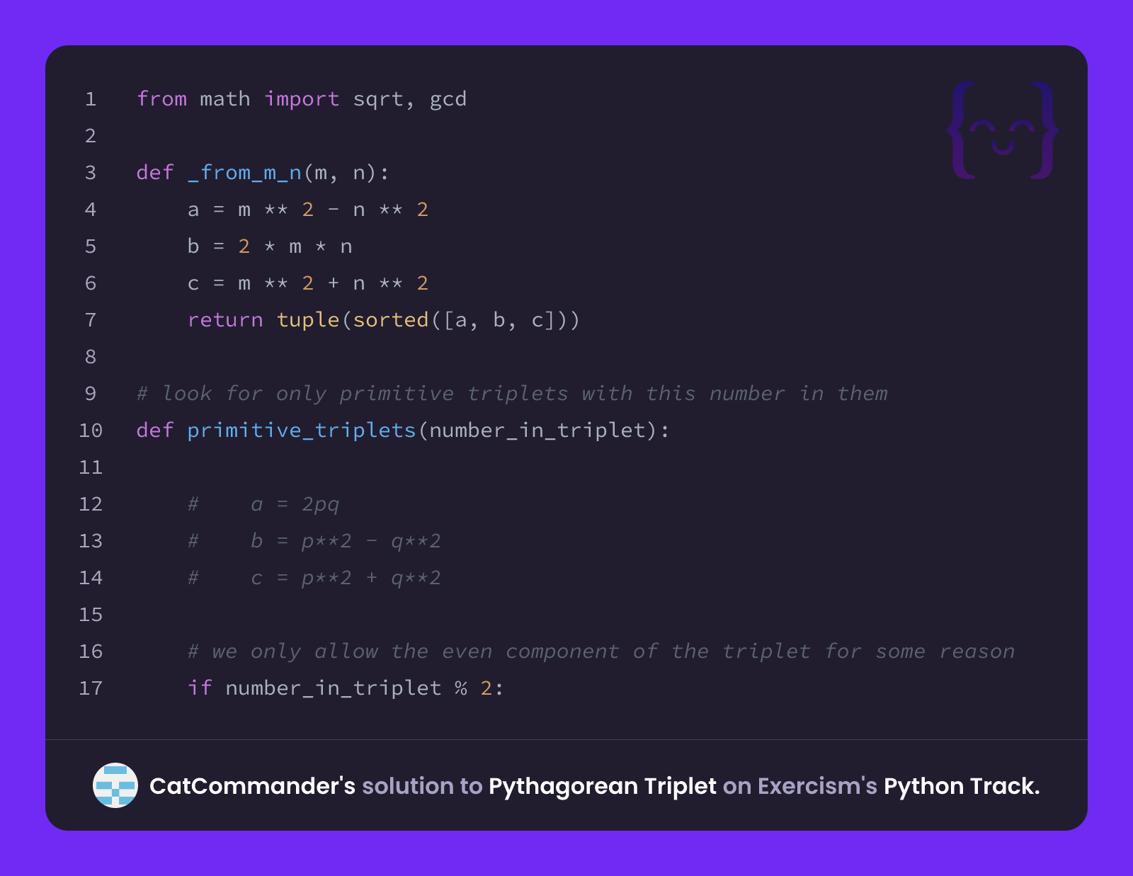 CatCommander's solution for Pythagorean Triplet in Python on Exercism