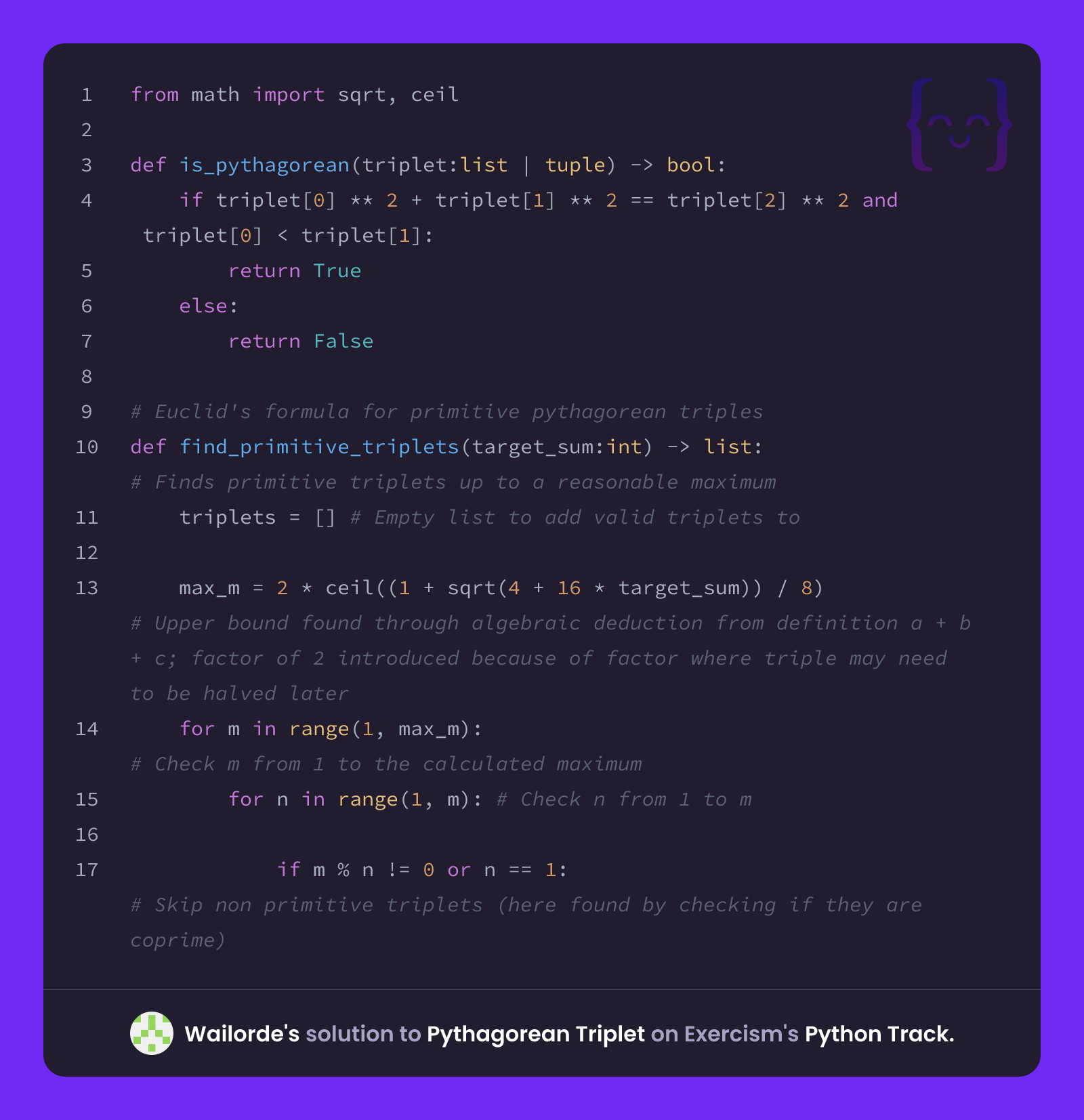 Wailorde's solution for Pythagorean Triplet in Python on Exercism