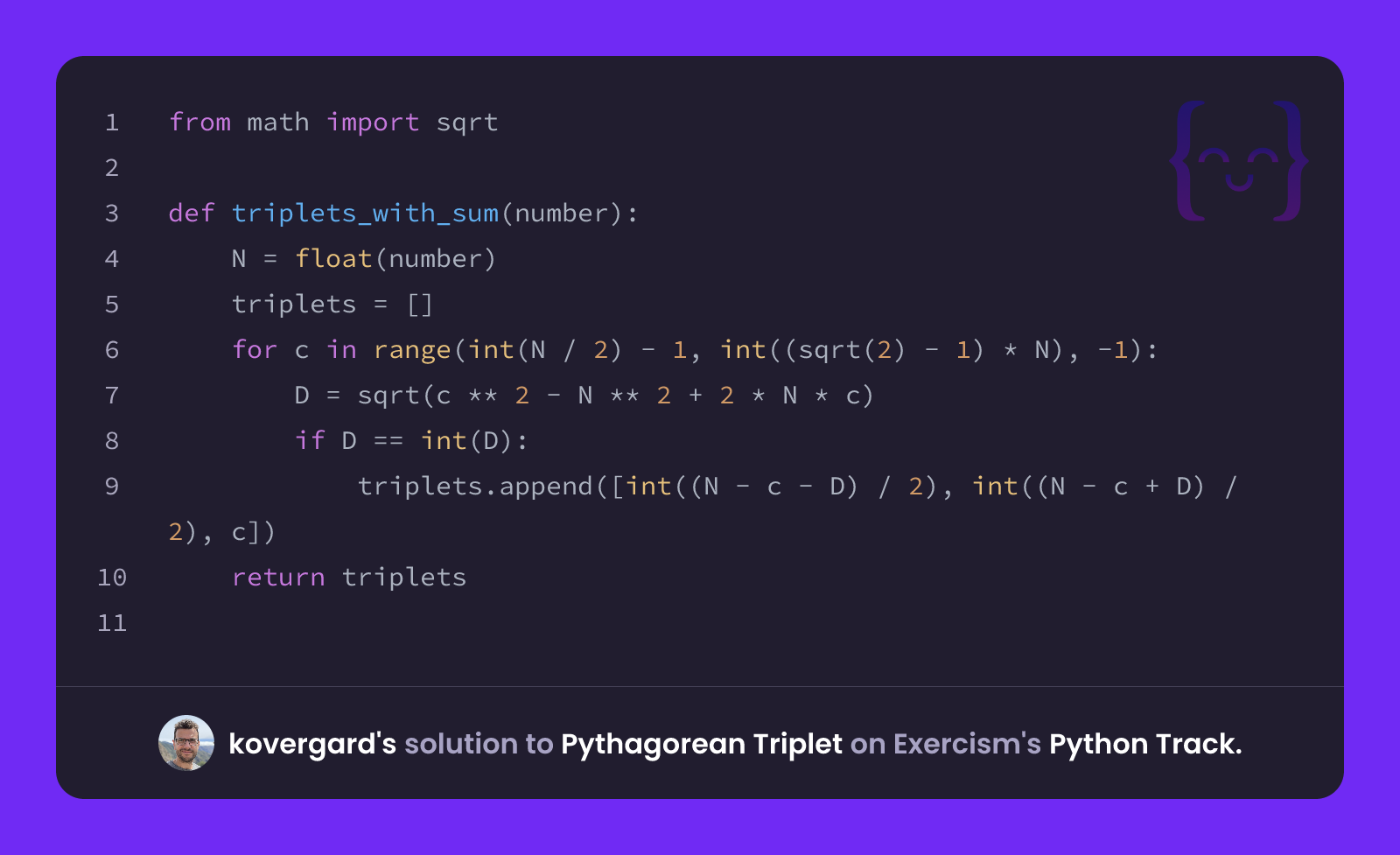 kovergard's solution for Pythagorean Triplet in Python on Exercism