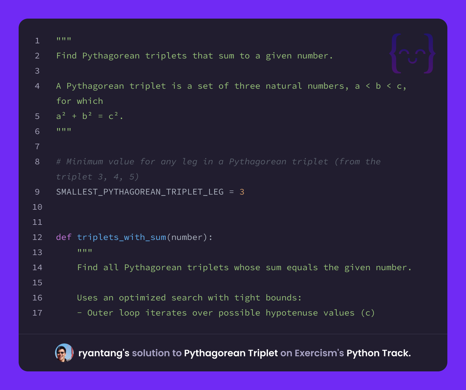 ryantang's solution for Pythagorean Triplet in Python on Exercism