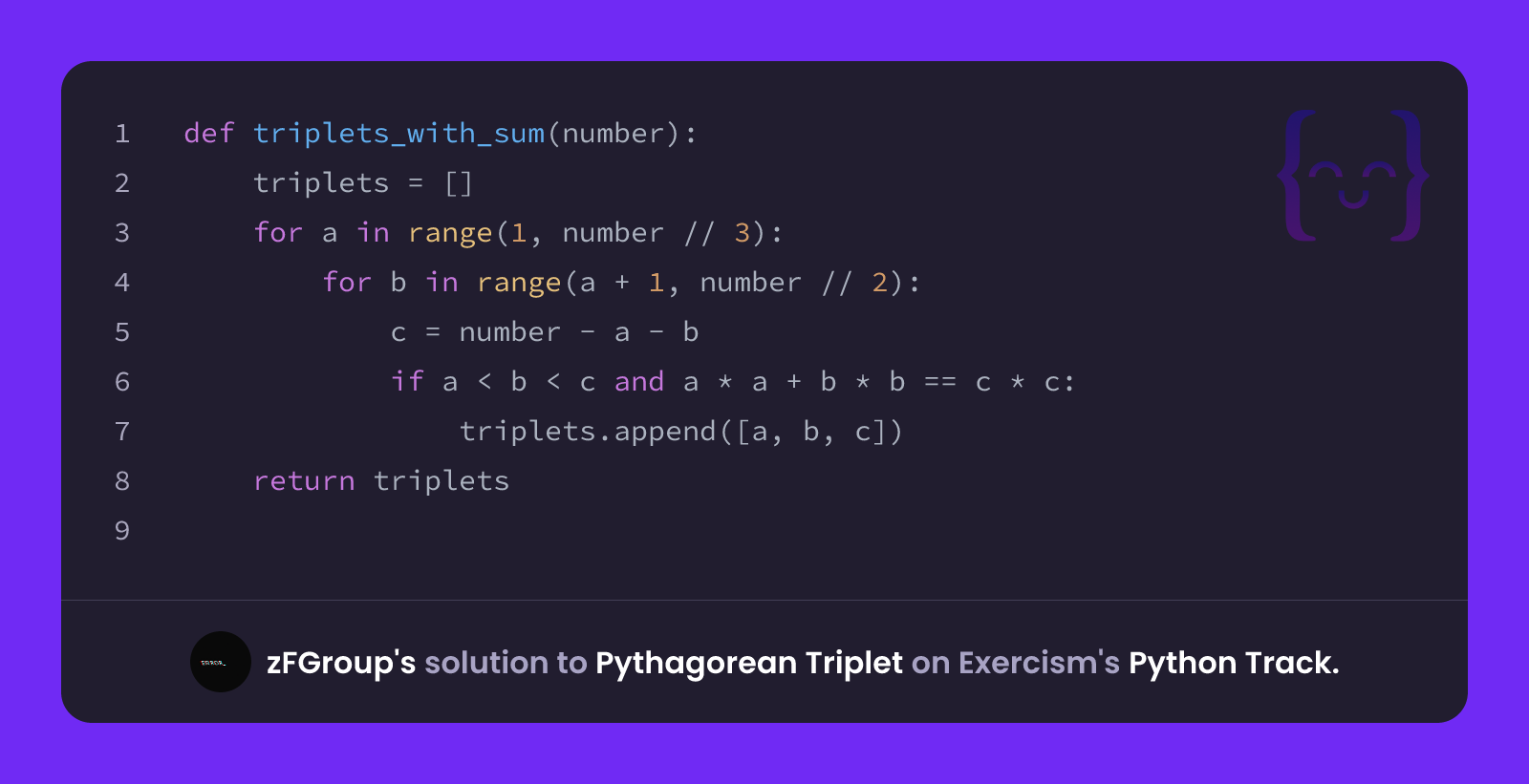 zFGroup's solution for Pythagorean Triplet in Python on Exercism