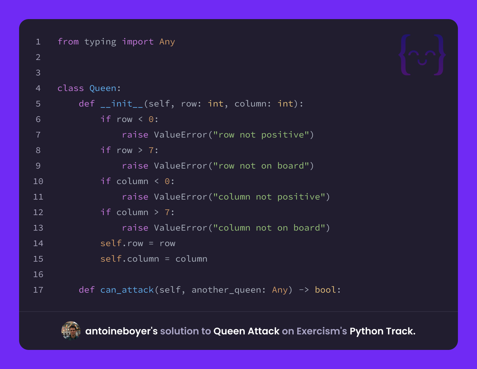 antoineboyer's solution for Queen Attack in Python on Exercism