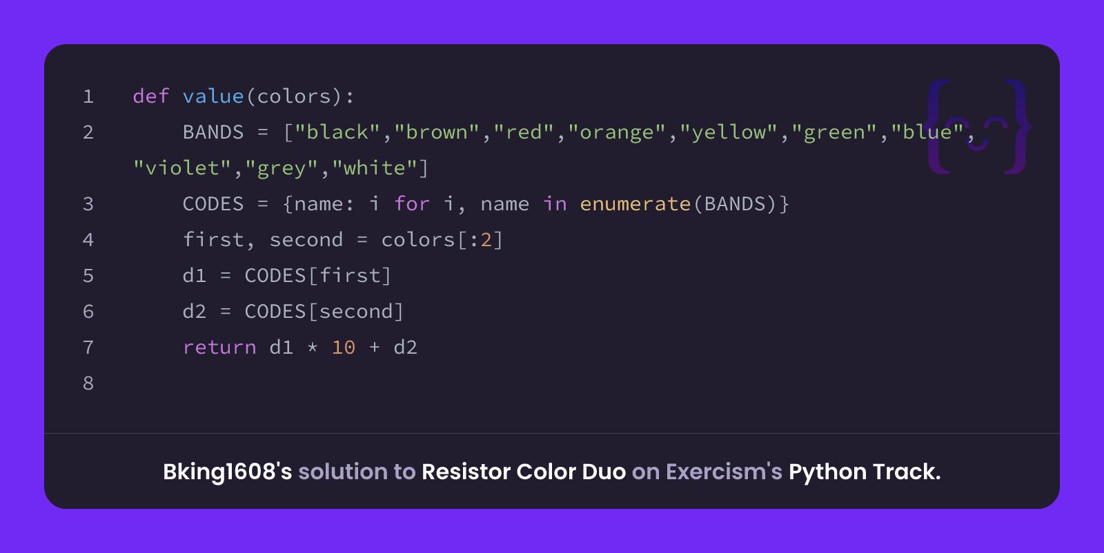 Bking1608's solution for Resistor Color Duo in Python on Exercism