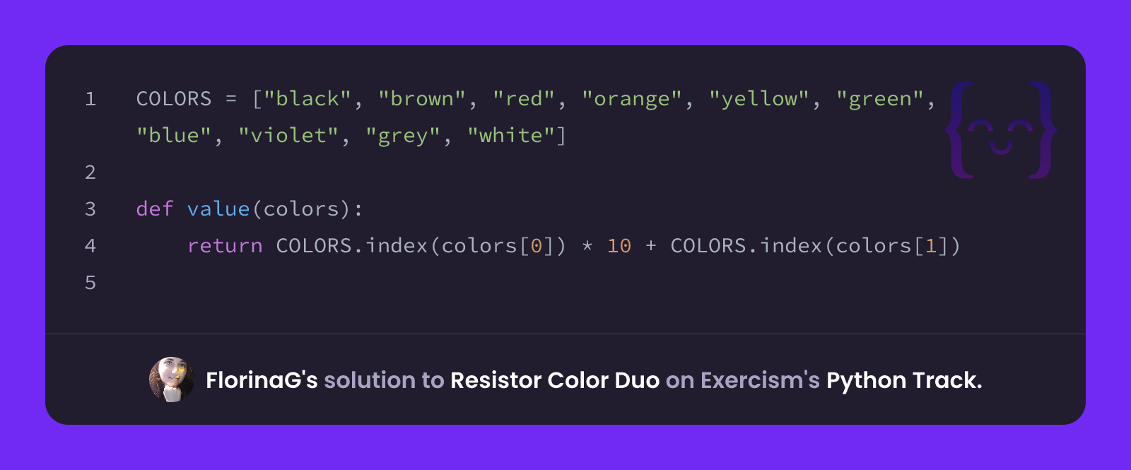 FlorinaG's solution for Resistor Color Duo in Python on Exercism