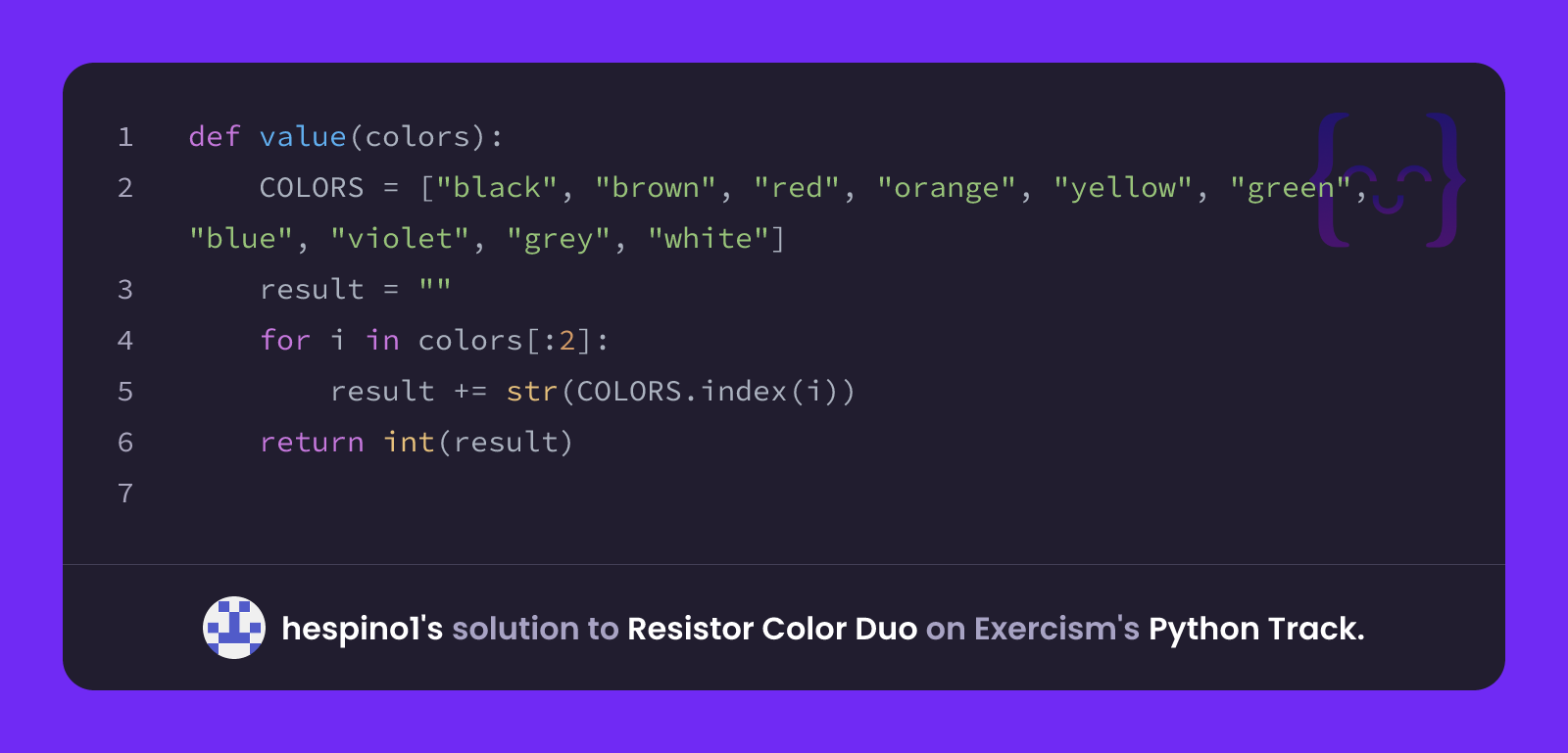 hespino1's solution for Resistor Color Duo in Python on Exercism