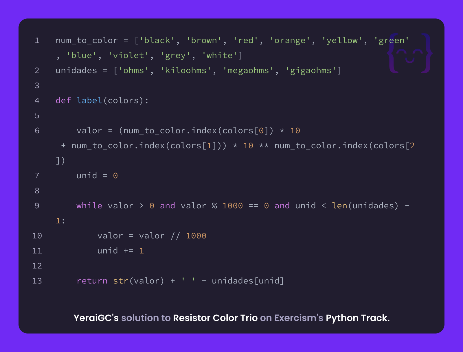 Color Trio Computer YeraiGC's solution for Resistor Color Trio in Python on Exercism
