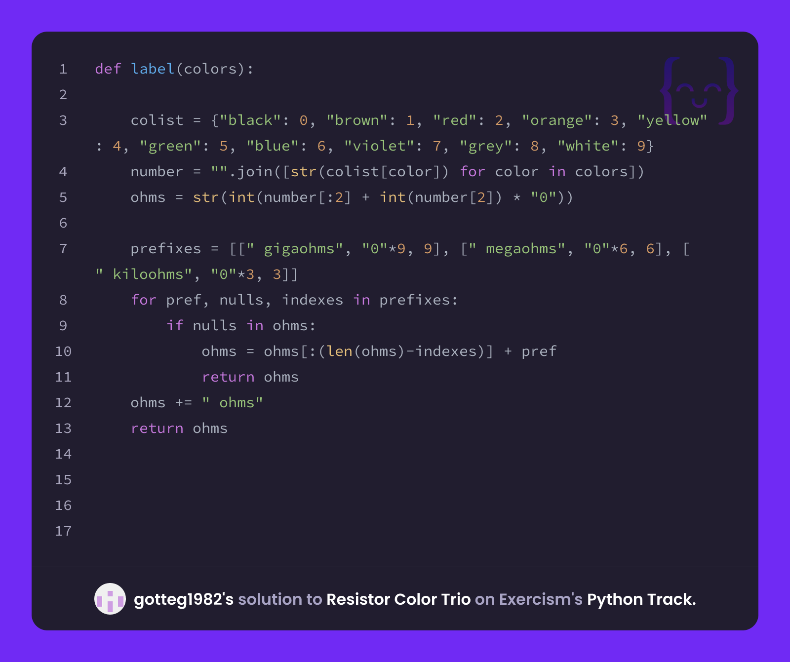 Color Trio Computer gotteg1982's solution for Resistor Color Trio in Python on Exercism