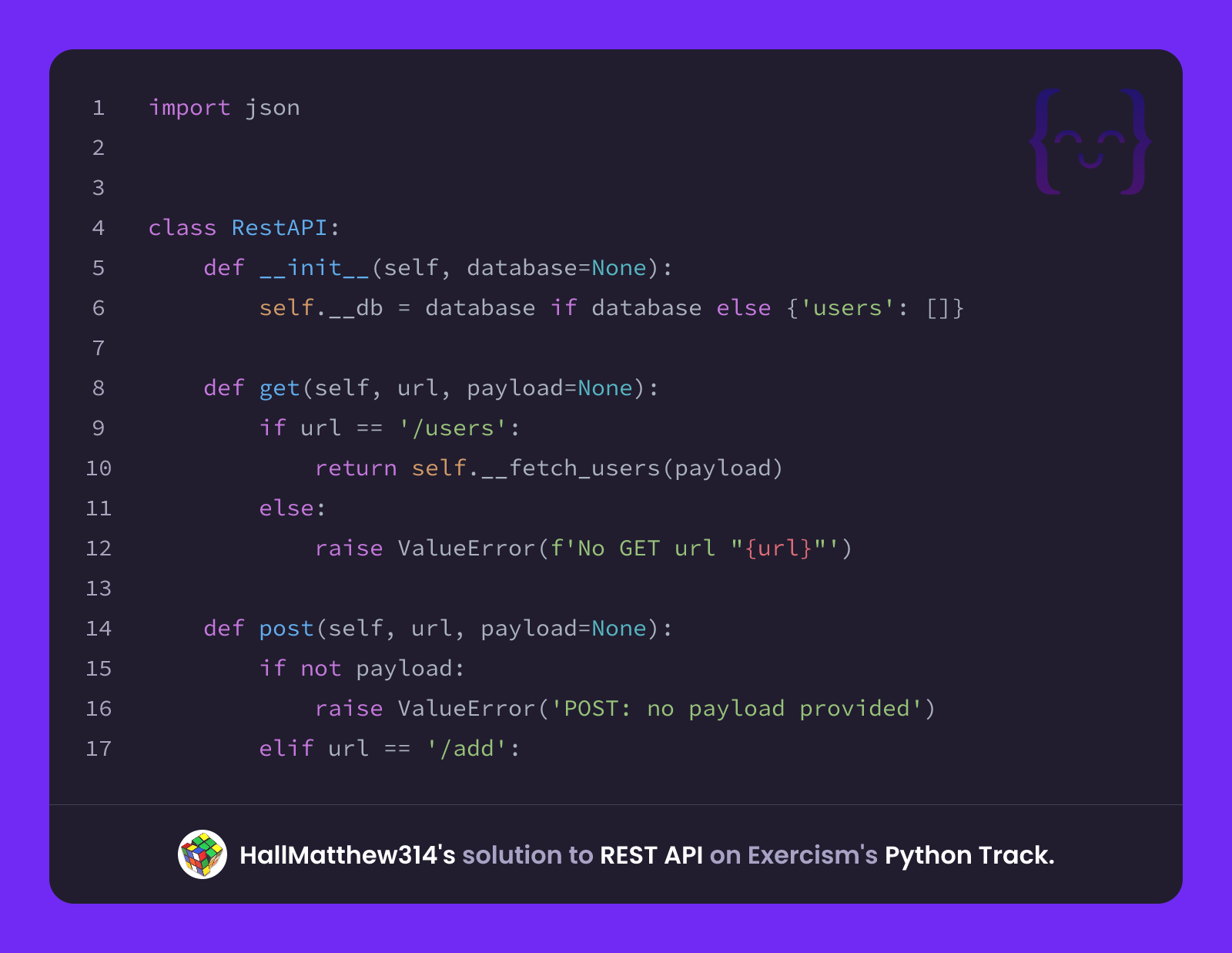 HallMatthew314's solution for REST API in Python on Exercism