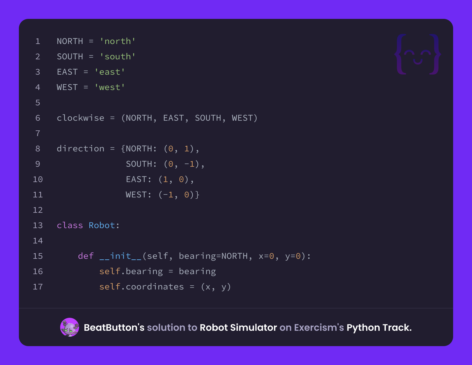 BeatButton's solution for Robot Simulator in Python on Exercism