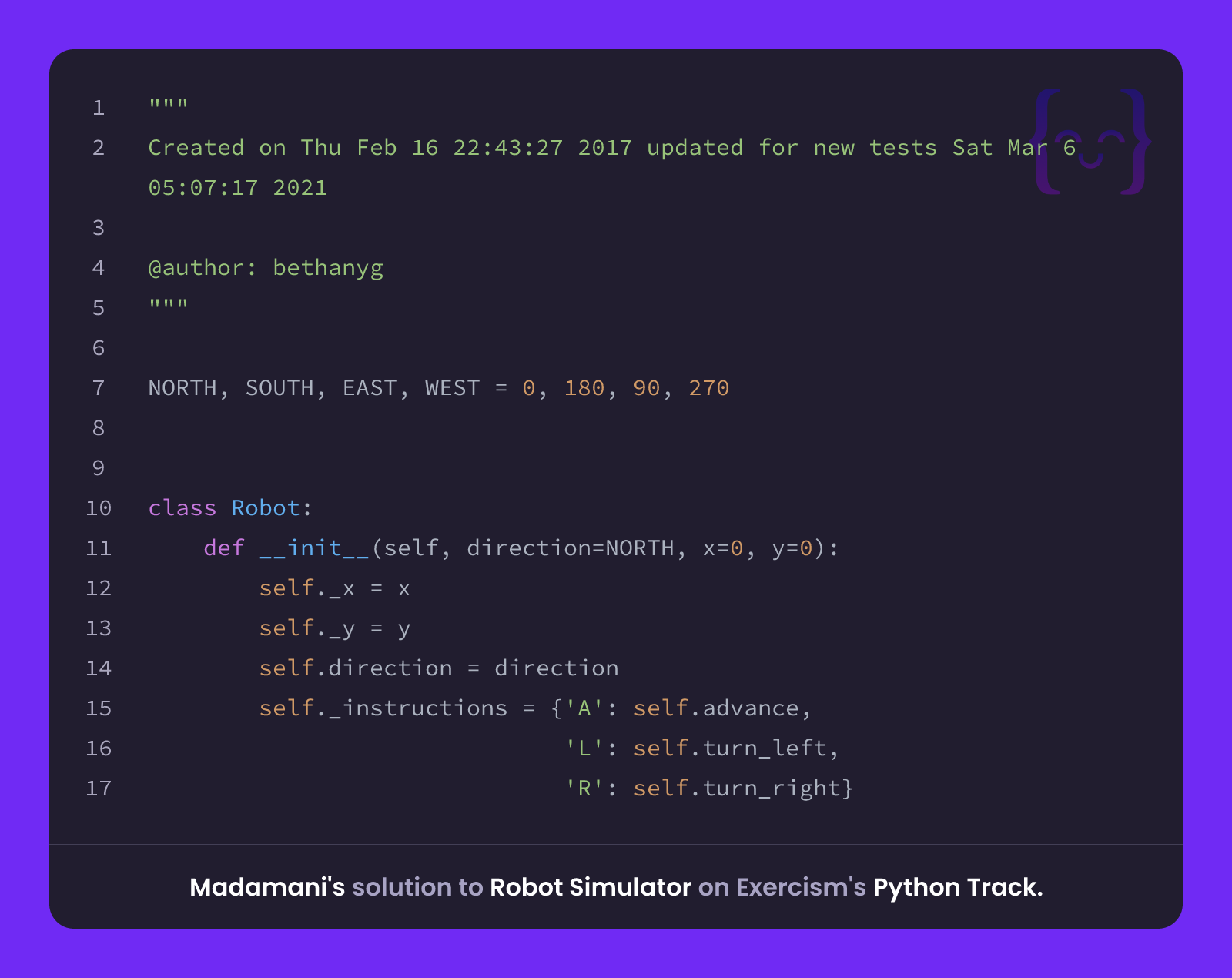 Madamani's solution for Robot Simulator in Python on Exercism