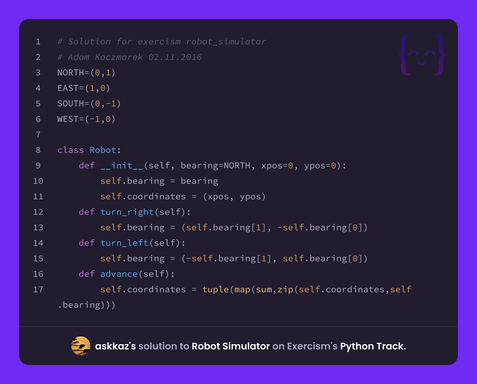 askkaz's solution for Robot Simulator in Python on Exercism