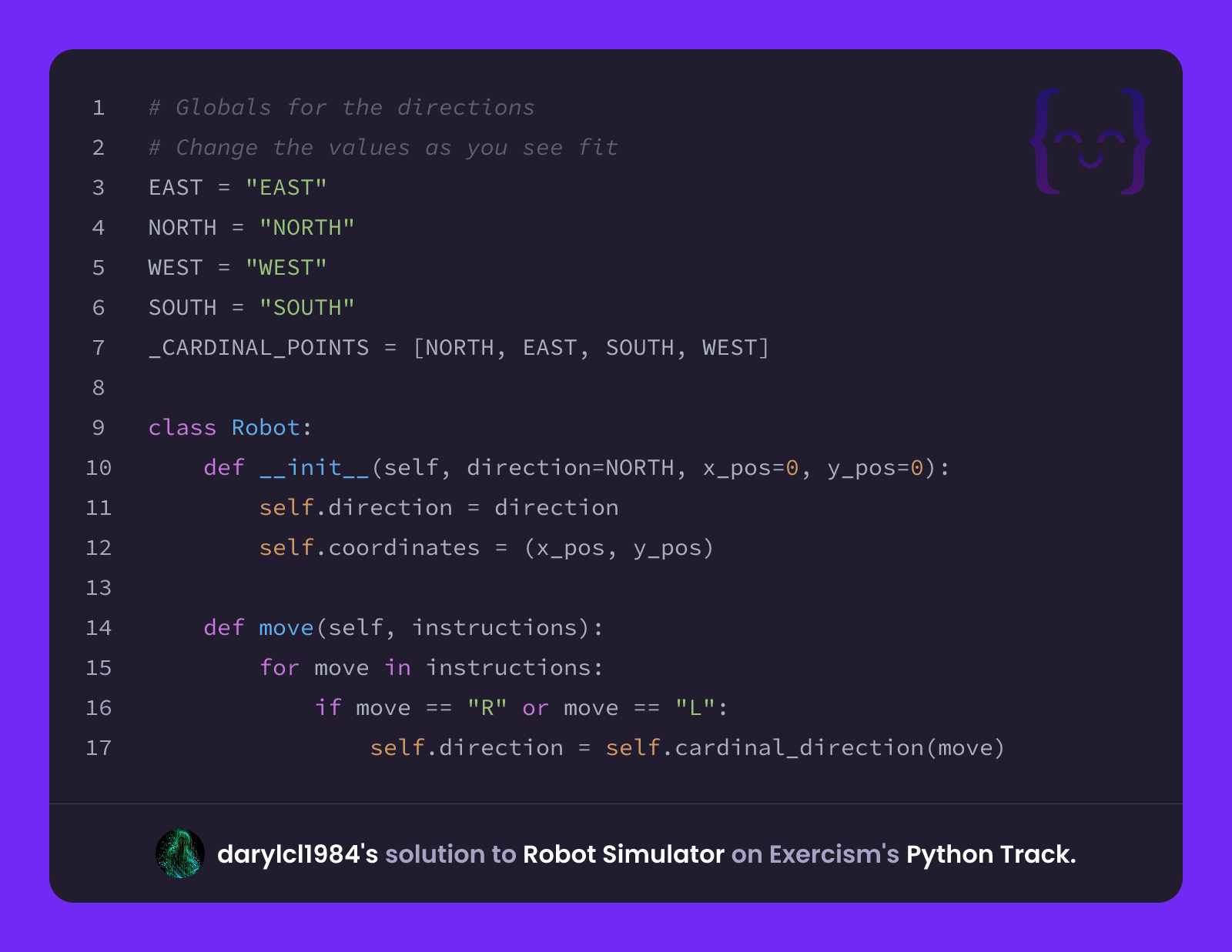 darylcl1984's solution for Robot Simulator in Python on Exercism