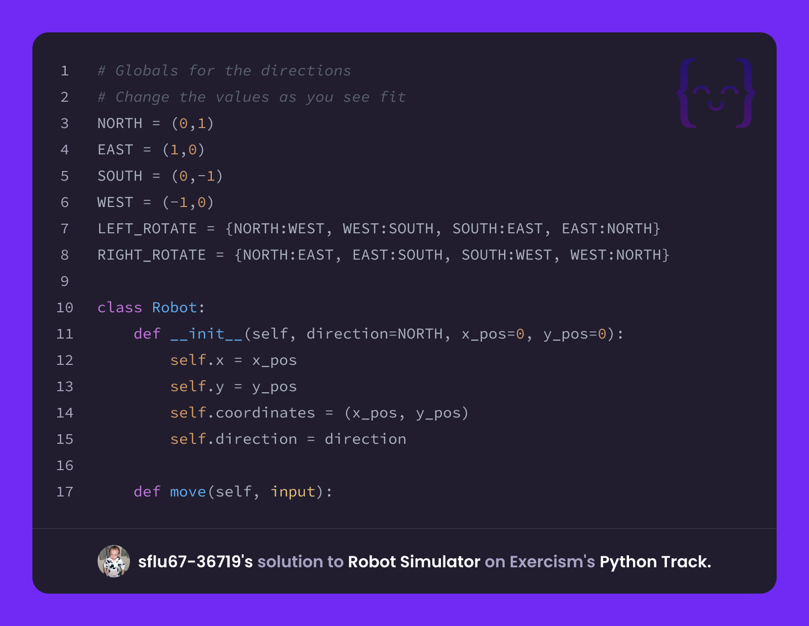 sflu67-36719's solution for Robot Simulator in Python on Exercism