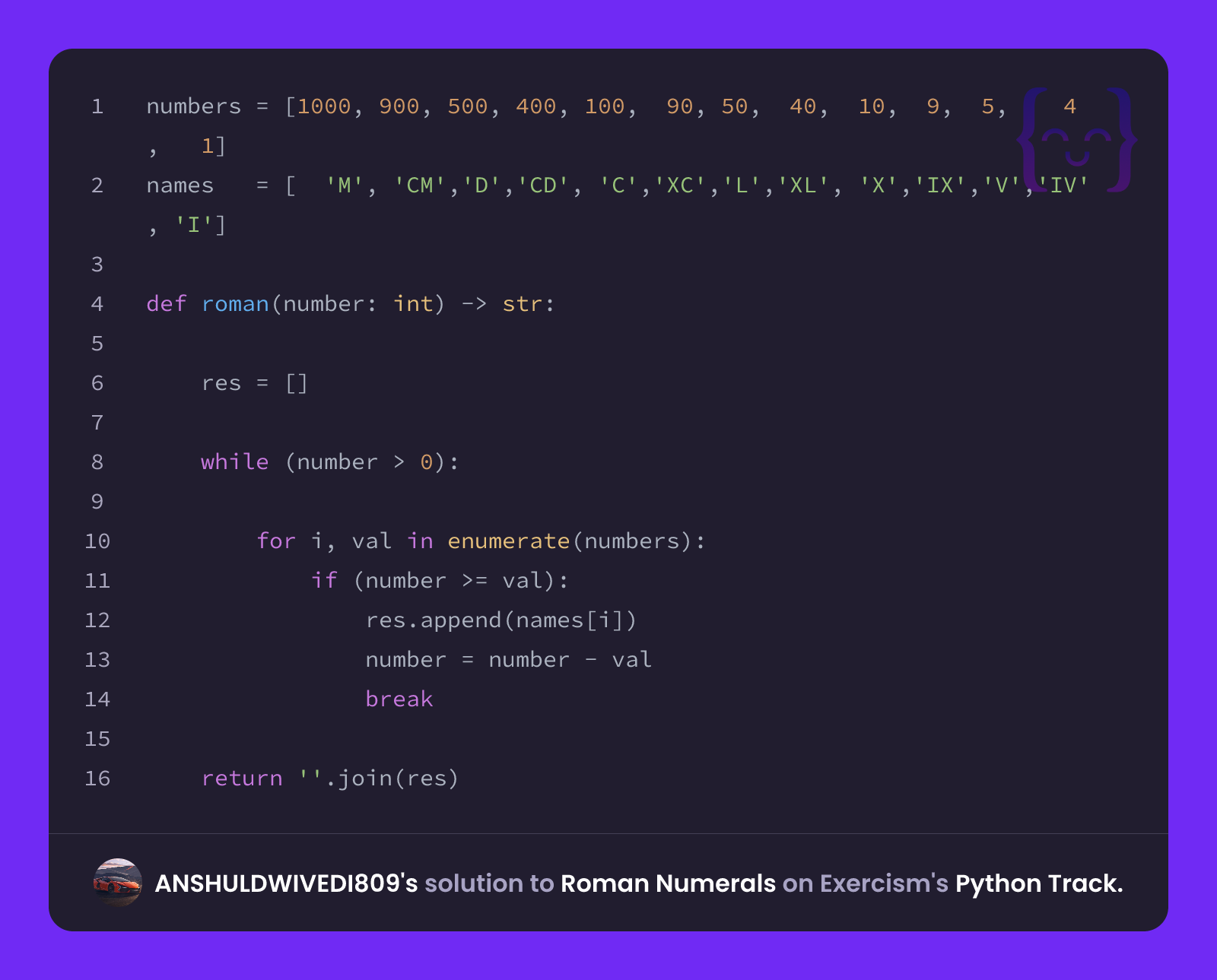 ANSHULDWIVEDI809's solution for Roman Numerals in Python on Exercism
