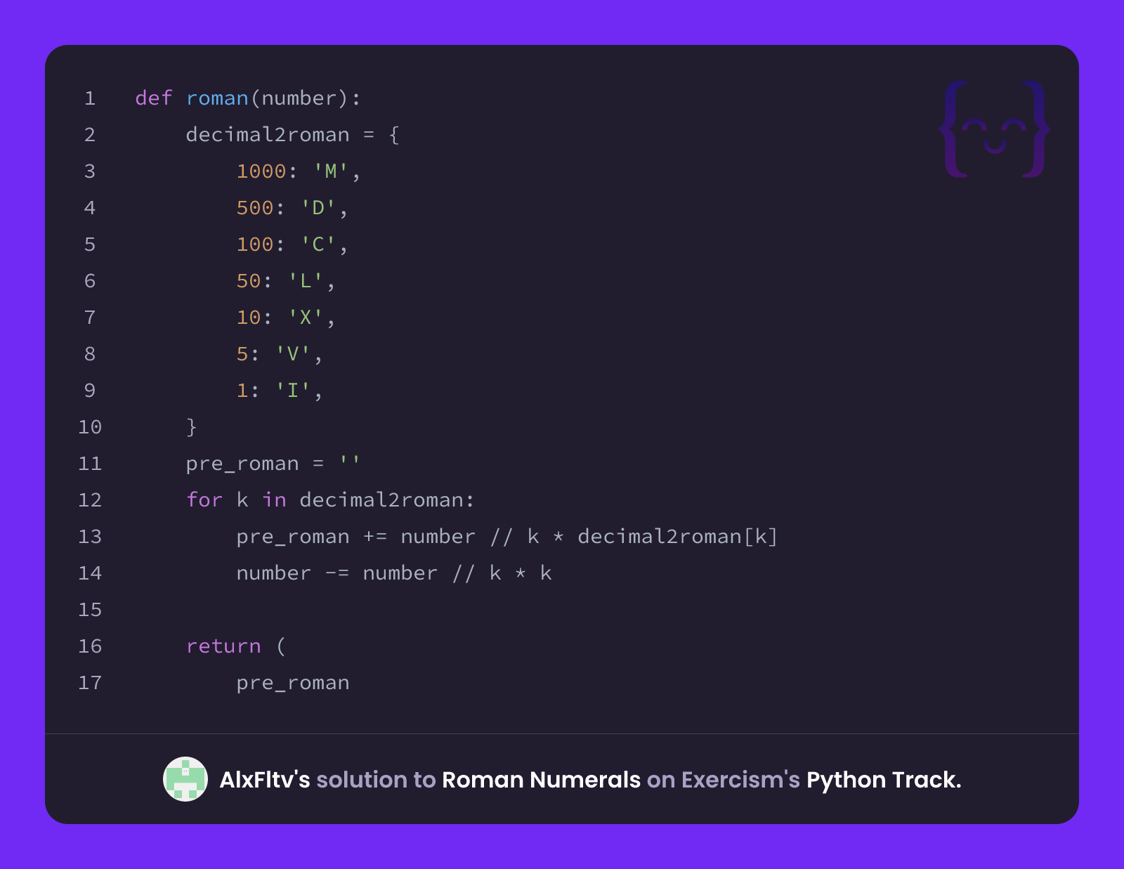 AlxFltv's solution for Roman Numerals in Python on Exercism