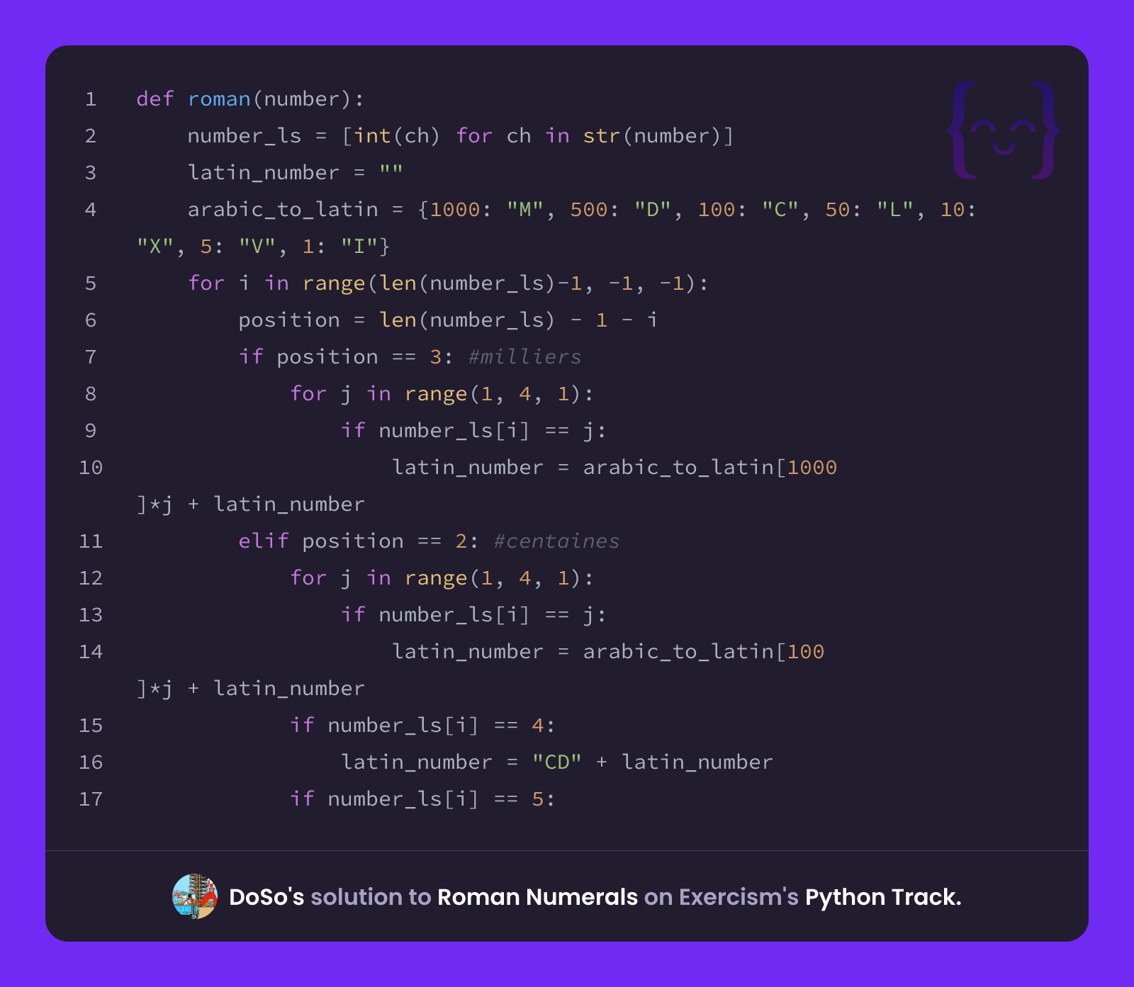 DoSo's solution for Roman Numerals in Python on Exercism