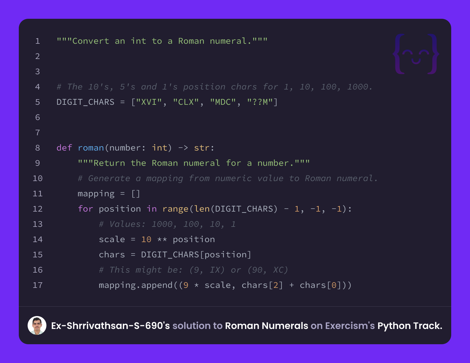 Ex-Shrrivathsan-S-690's solution for Roman Numerals in Python on Exercism