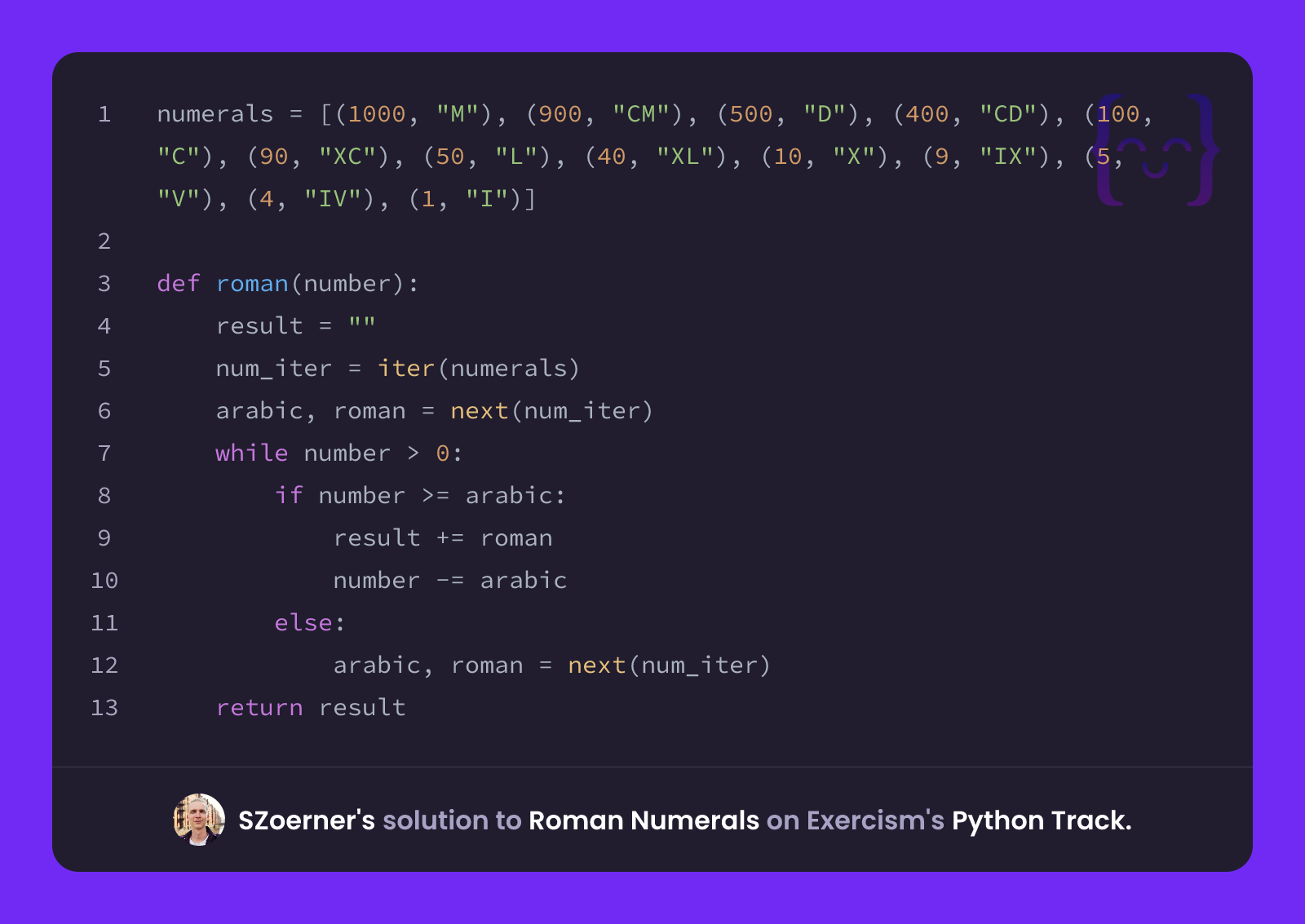 SZoerner's solution for Roman Numerals in Python on Exercism