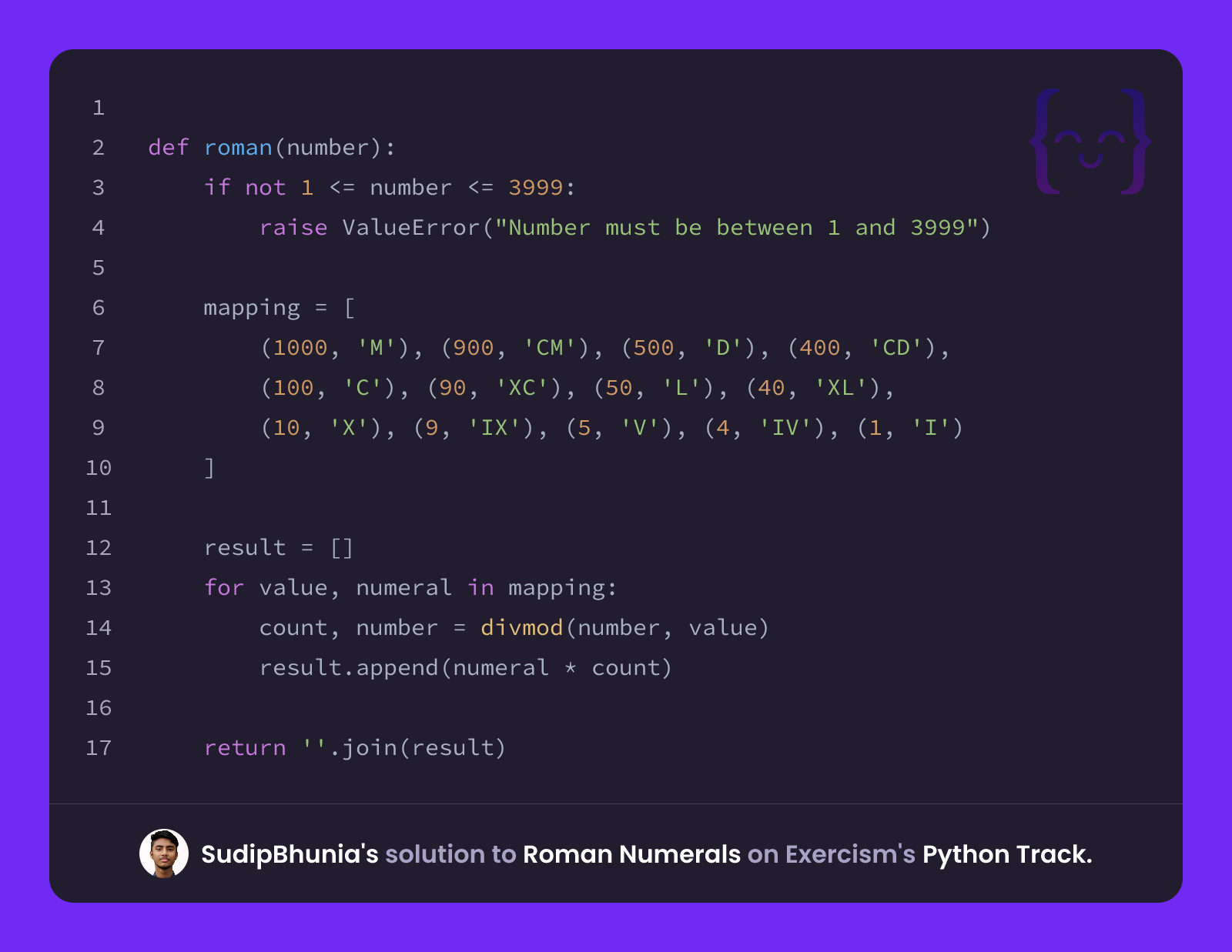 SudipBhunia's solution for Roman Numerals in Python on Exercism
