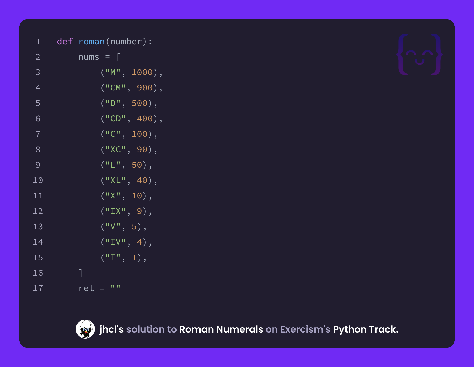 jhcl's solution for Roman Numerals in Python on Exercism