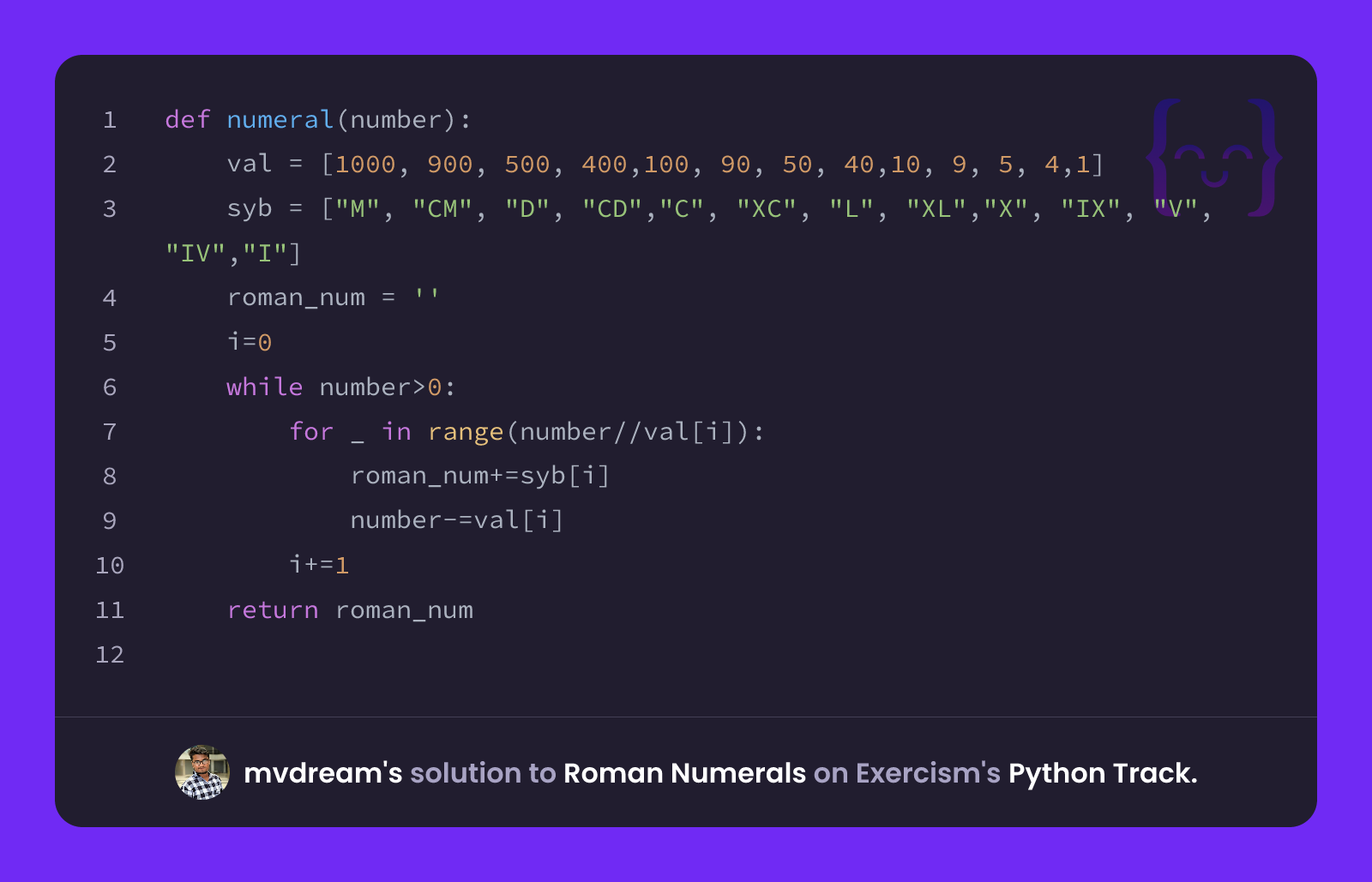 python program: integer to roman numeral conversion... mvdream's solution for Roman Numerals in Python on Exercism