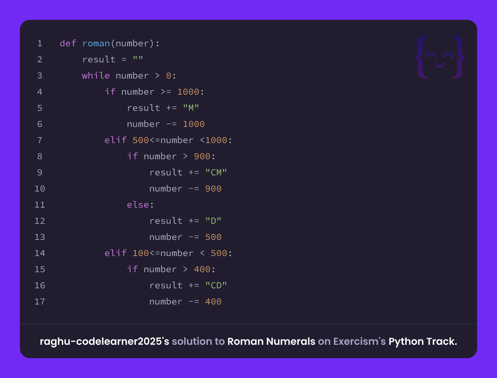 raghu-codelearner2025's solution for Roman Numerals in Python on Exercism