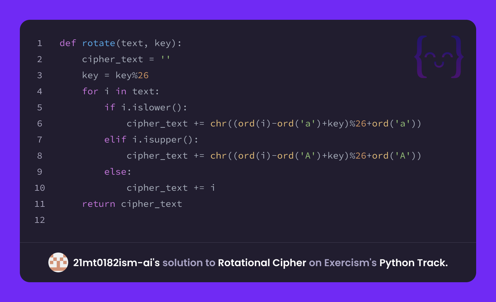 21mt0182ism-ai's solution for Rotational Cipher in Python on Exercism