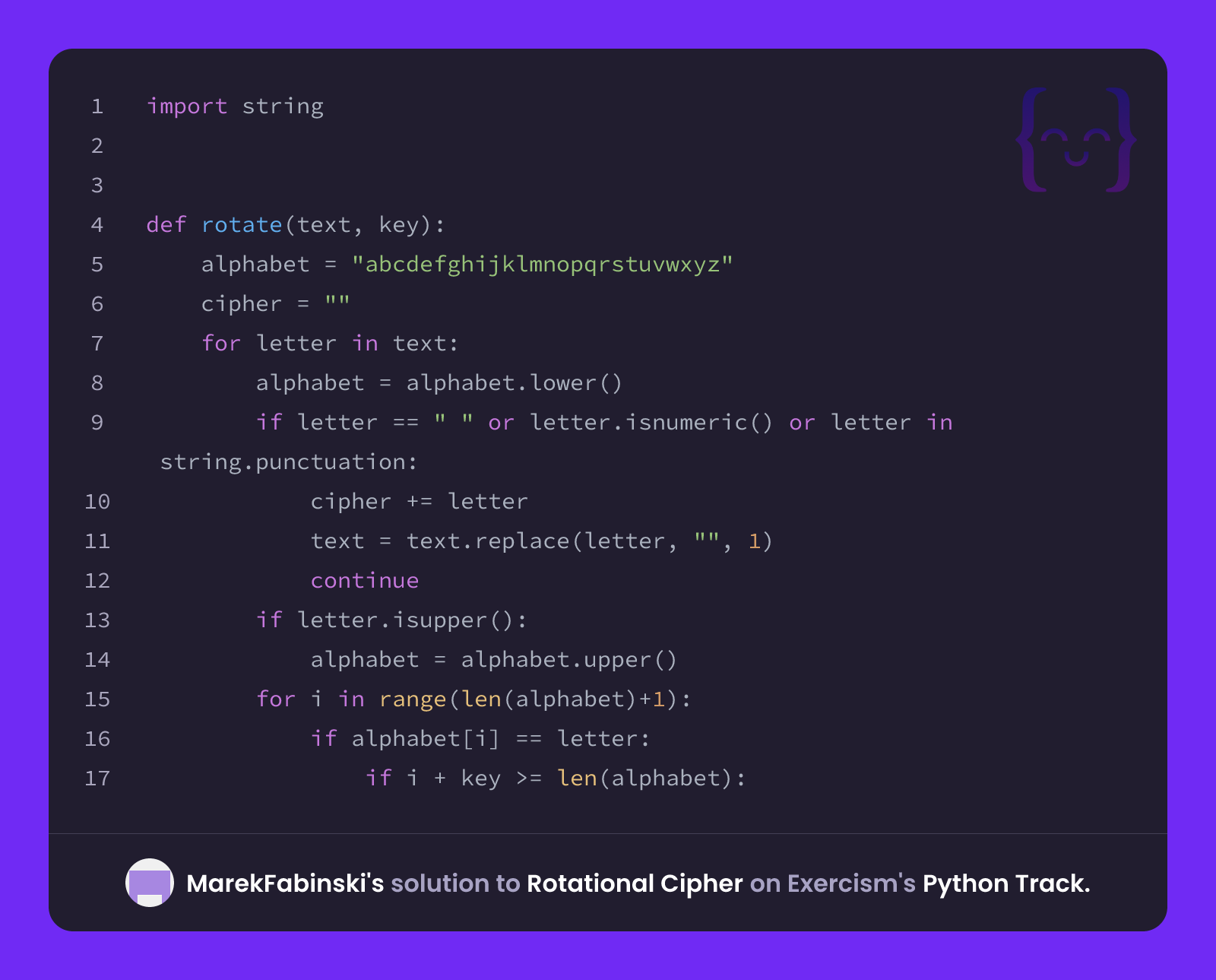 MarekFabinski's solution for Rotational Cipher in Python on Exercism